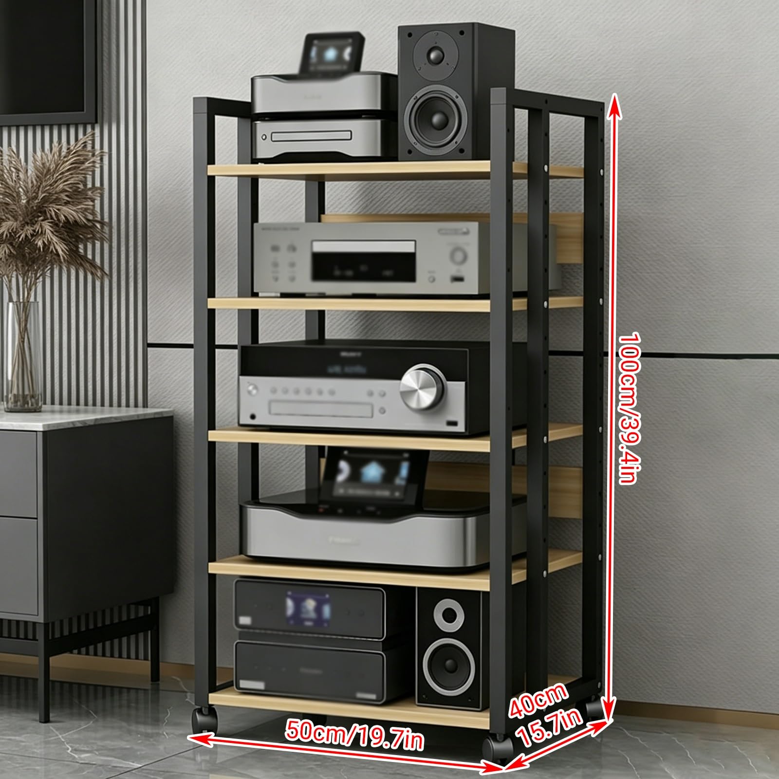 AV Media Stand, 3/4/5/6 ripiani in legno con telaio in acciaio, scaffale moderno per intrattenimento per casa, ufficio e componenti video