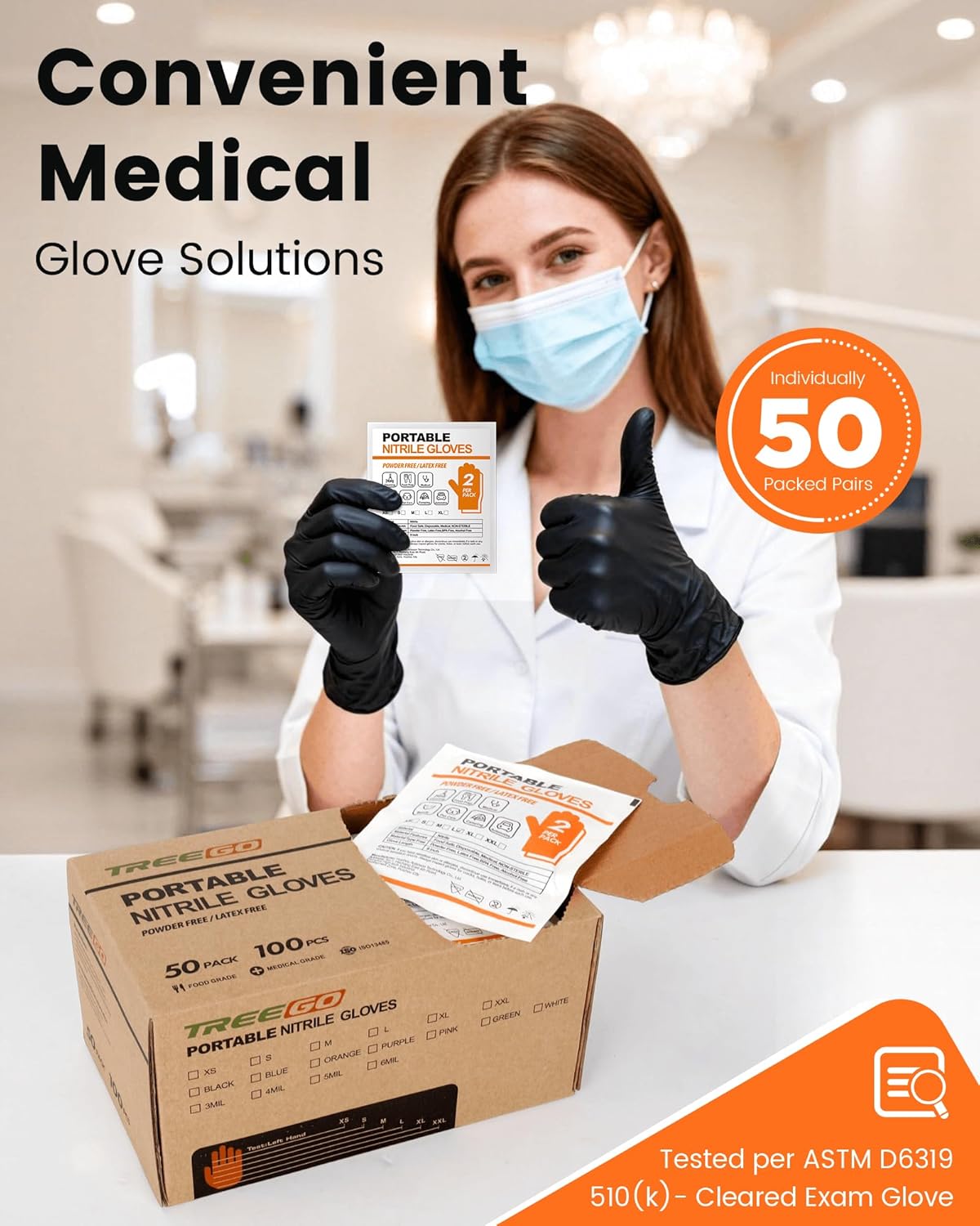 TREEGO Portable 5mil Black Nitrile Gloves Large, Individually Packed 50 Pairs (100 Count), Latex-Free Powder-Free Disposable Gloves for Food Service, Janitorial & Medical Use