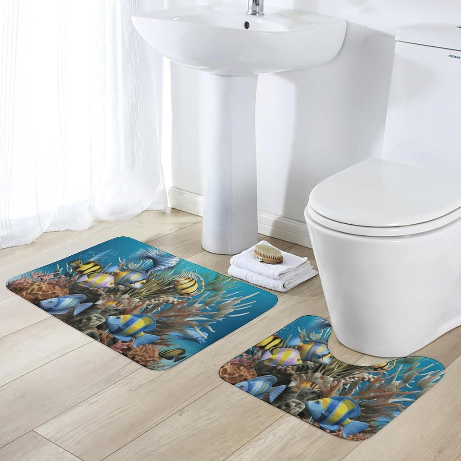 Bathroom Rugs Sets 2 Piece Bath Mat Soft Absorbent Microfiber Bath Rugs and U-Shaped Contour Toilet Rug Non-Slip Bath Carpet 3D Ocean Fish Floor Mats for Bathroom