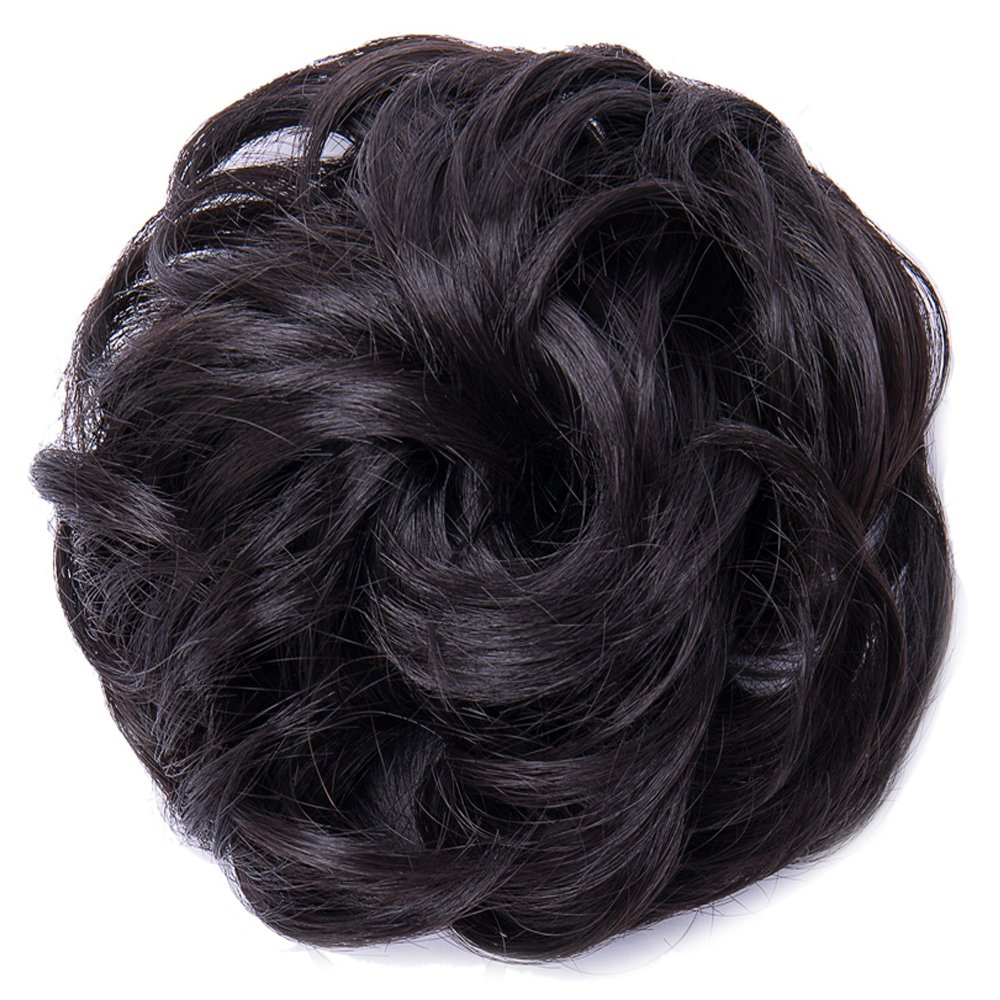 Hairro Messy Curly Hair Bun Extensions Synthetic Hair Updo Scrunchy 4A Black Chignons Donut Elastic Bride Bun Ponytail Hairpiece for Women 1 Piece -Thicker