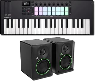 Novation Launchkey Mini 37 MK4 Mini MIDI Keyboard Controller Bundle with Mackie CR3.5 Powered Studio Monitors — Three Octaves, 16 FSR Pads, 50W Pair for Music Production, Beat Making, Songwriting