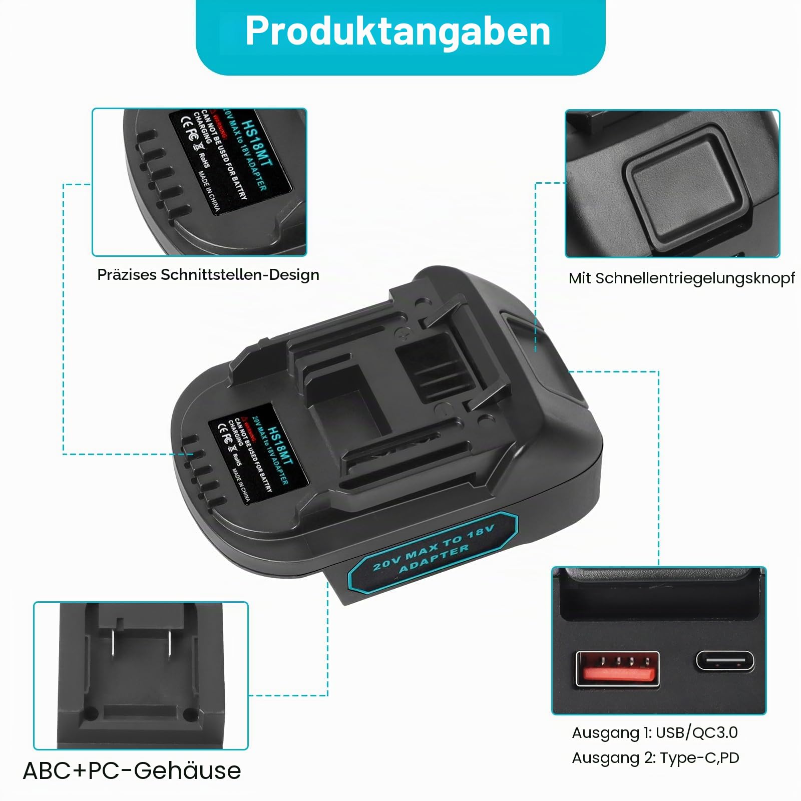 QUPERR EIN18MT Akku-Konverter für Einhell 18 V Akku, für kabellose Elektrowerkzeuge Makita 18 V, USB-Akkuadapter mit USB-Ladeanschluss/Typ-C (nur Adapter)