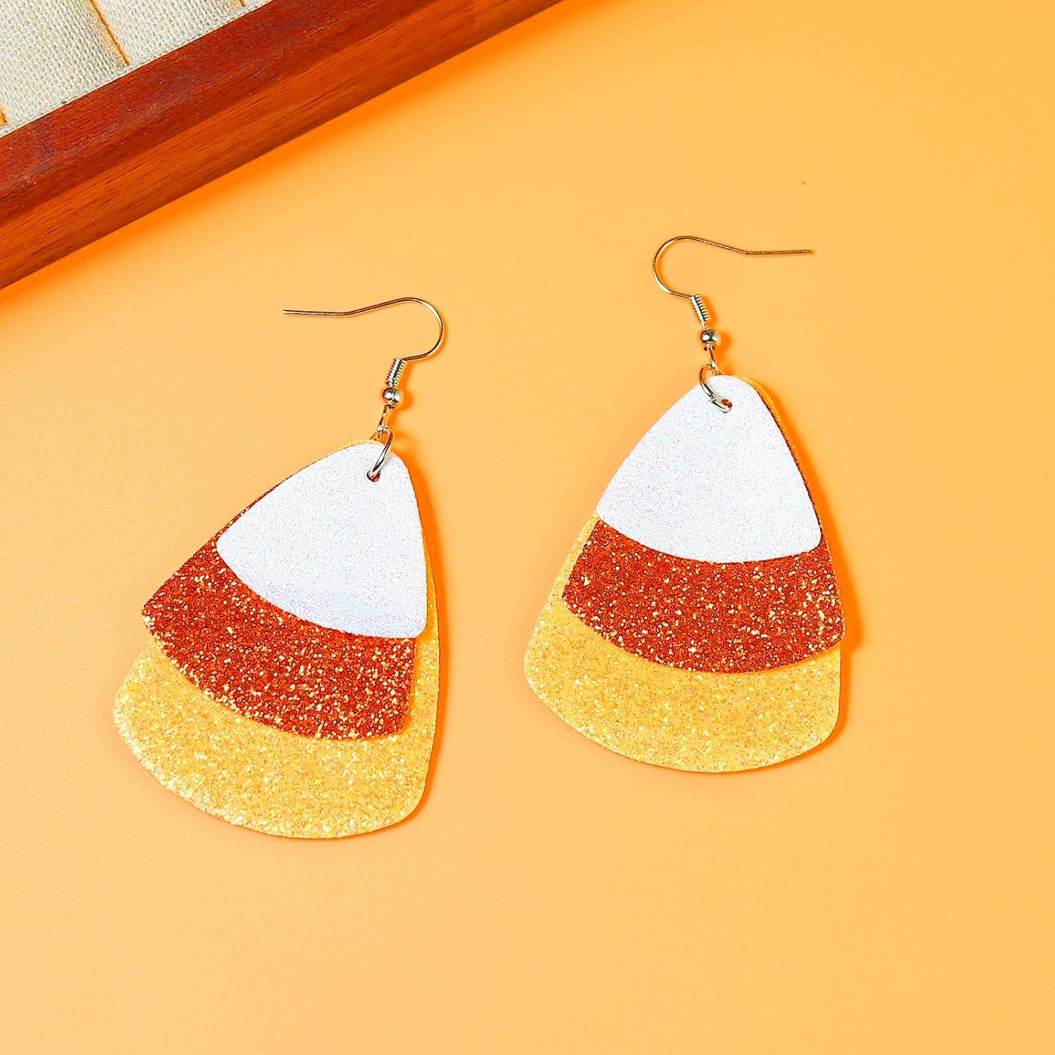 Shiny Halloween Candy Corn Earrings Cute Layered Candy Corn Leather Teardrop Earrings Lightweight Fall Thanksgiving Halloween Festival Costume Jewelry Accessories - Image 3