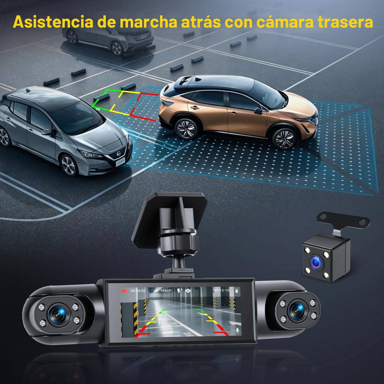 Hikity Dashcam 4 Cámaras, Pantalla IPS 3,16", 1080P | Visión Nocturna, Grabación en Bucle, Gran Angular 150°/120°, Tarjeta TF Máx. 64 GB