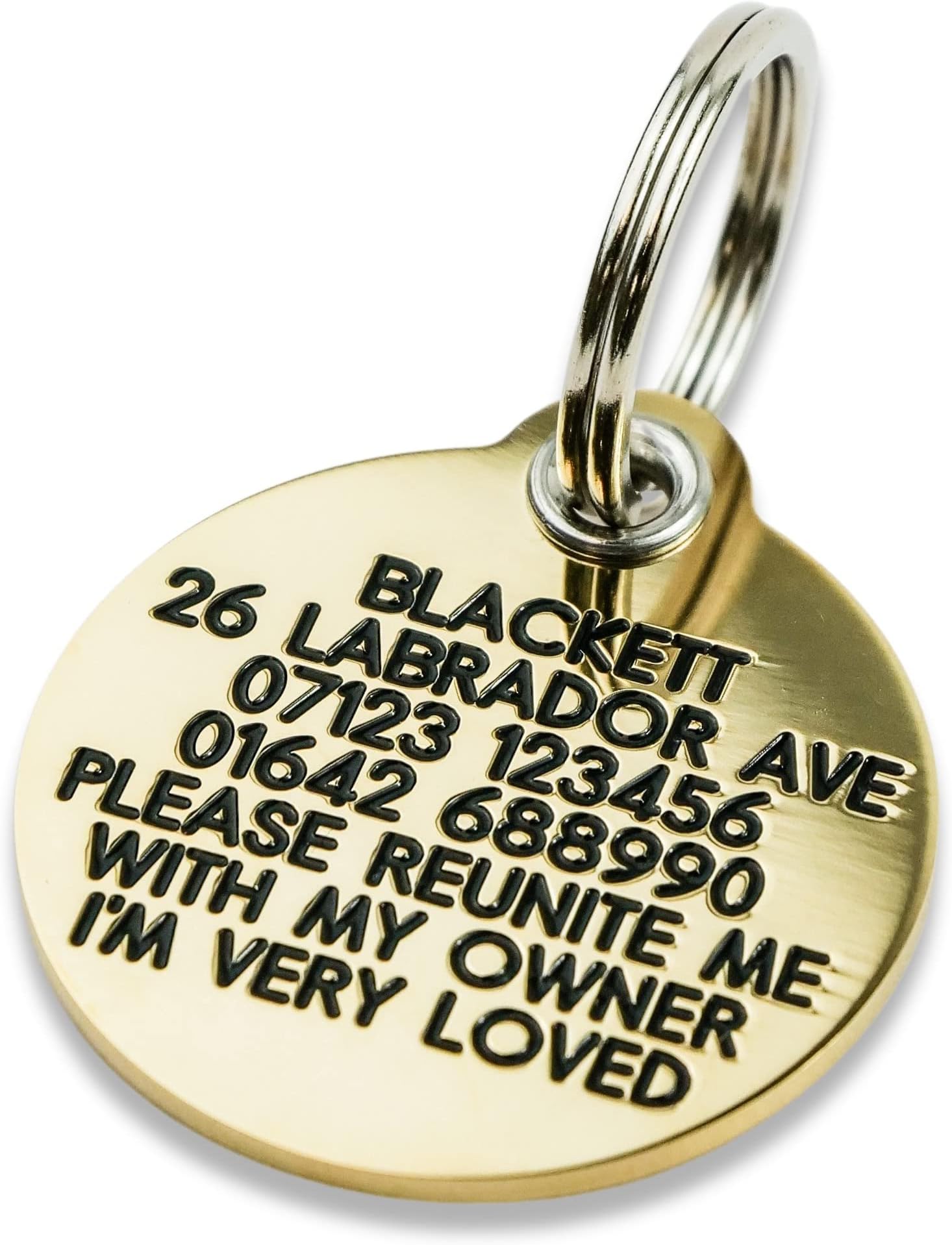 Engraved Dog tag, Deeply Engraved, Reinforced Solid Brass 33mm Circular Dog tag