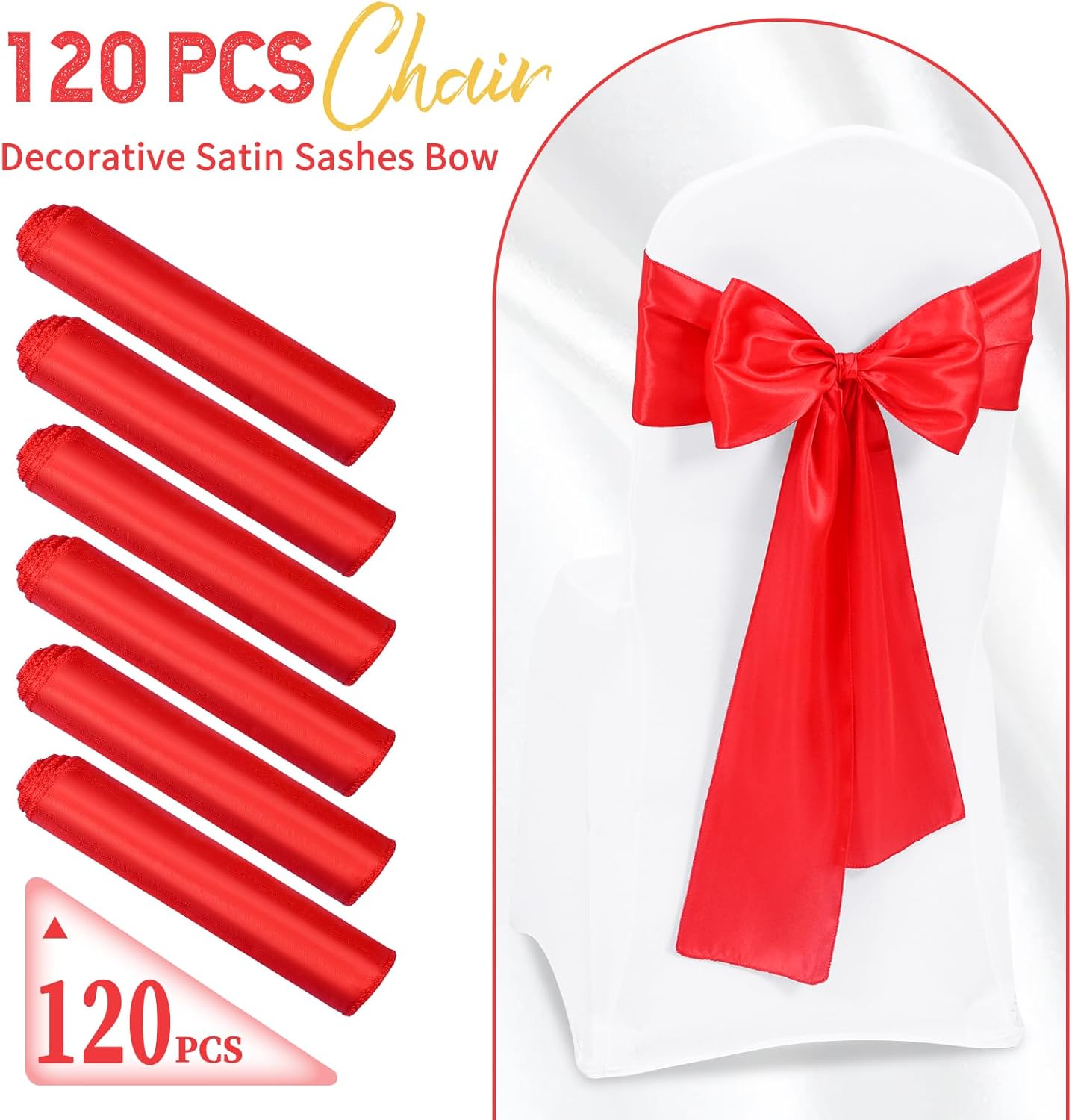 60 PCS Red Satin Chair Sashes, Ties Bows Designed Chairs Decorative, Chair Cover Sashes for Thanksgiving Wedding Christmas Banquet Party Home Kitchen Decoration (7 x 108 inch) Red 60 PCS Chair Sashes