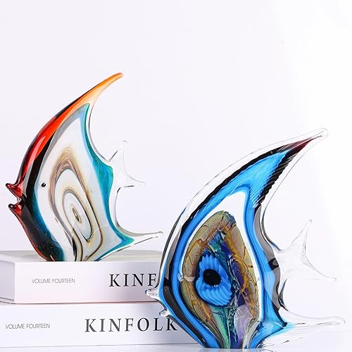Miniatura 3 de XMGZQ Figuras de vidrio soplado a mano, decoración de vidrio azul soplado, adorno de figuras de peces de vidrio tropical, escultura de animales