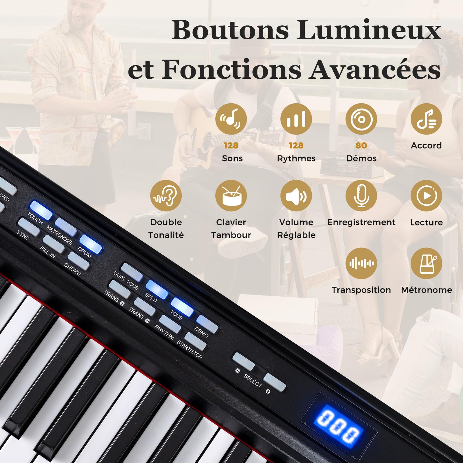 COSTWAY Piano Numérique 88 Touches avec Tabouret et Support Réglable, Clavier Piano Taille Complète avec Casque et Pupitre, 2 Haut-parleurs, Fonction MIDI, 128 Sons 128 Rythmes pour Débutants (Noir)