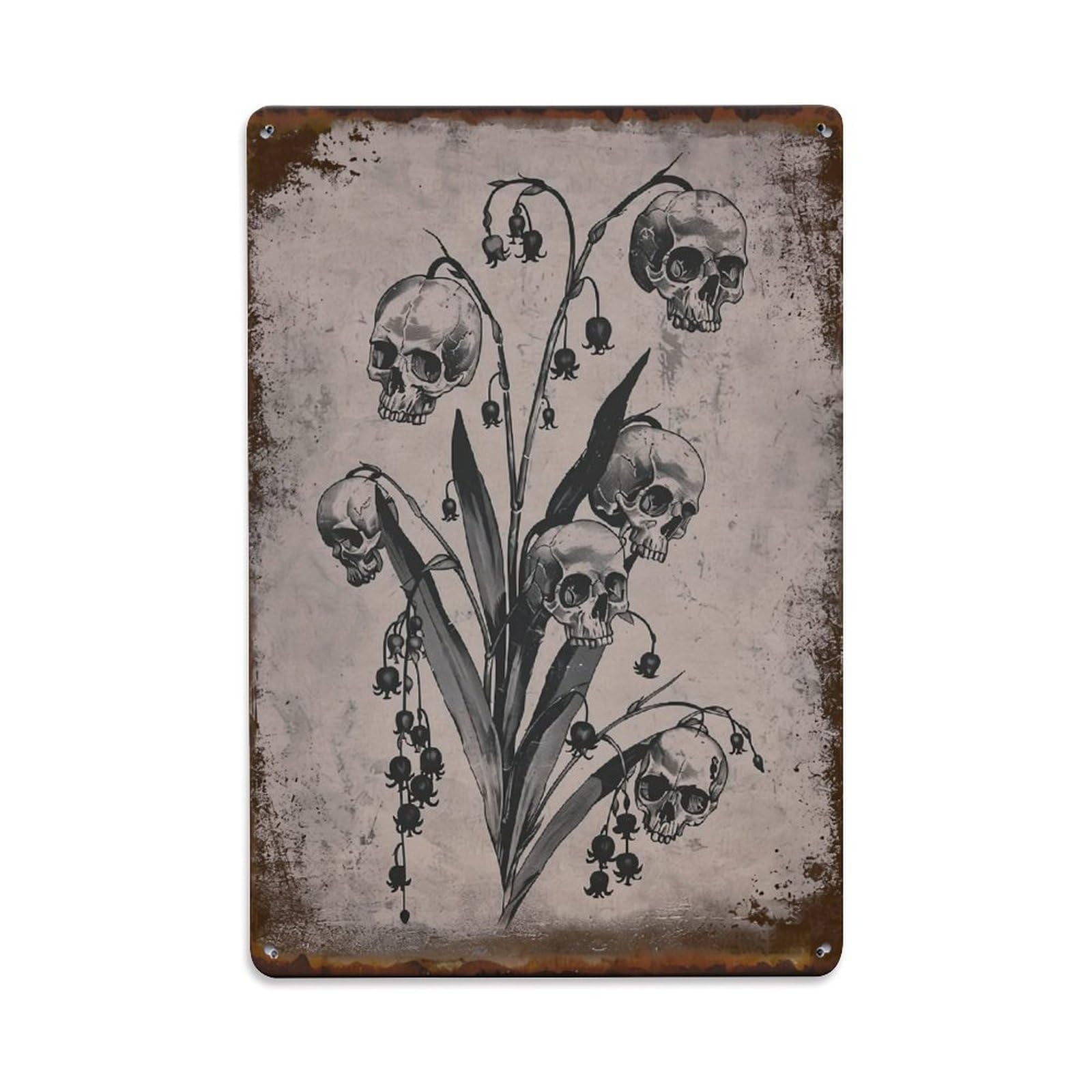 Jdfenggu Vintage Skull Bell Flower Art Print Retro Metal Tin Sign, Metal Poster For Bar, Home, Man Cave, Kitchen, Laundry Room Art Decor 8X12 Inch