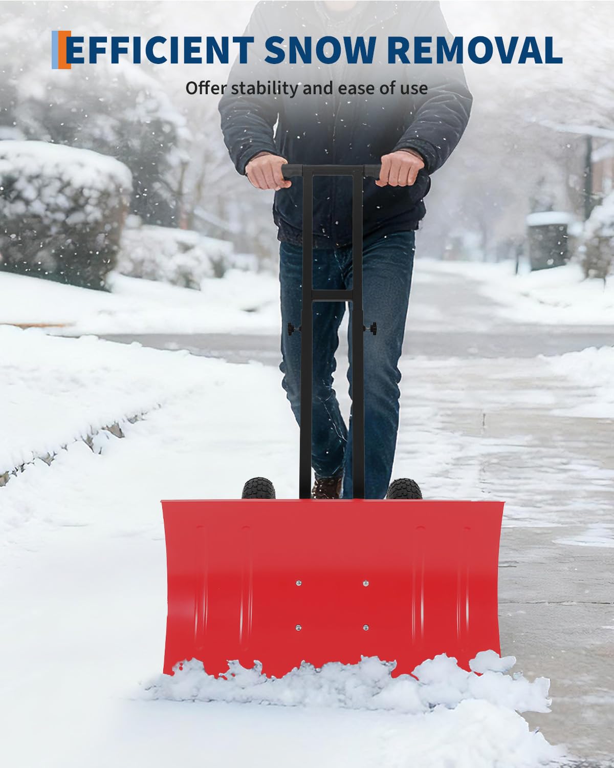 Pala da neve con ruote, lama angolata a 5 posizioni e ruote in gomma, spazzaneve in acciaio resistente per vialetti, marciapiedi e porte, doppia asta, 73,7 x 41,9 cm (larghezza x altezza), nero e