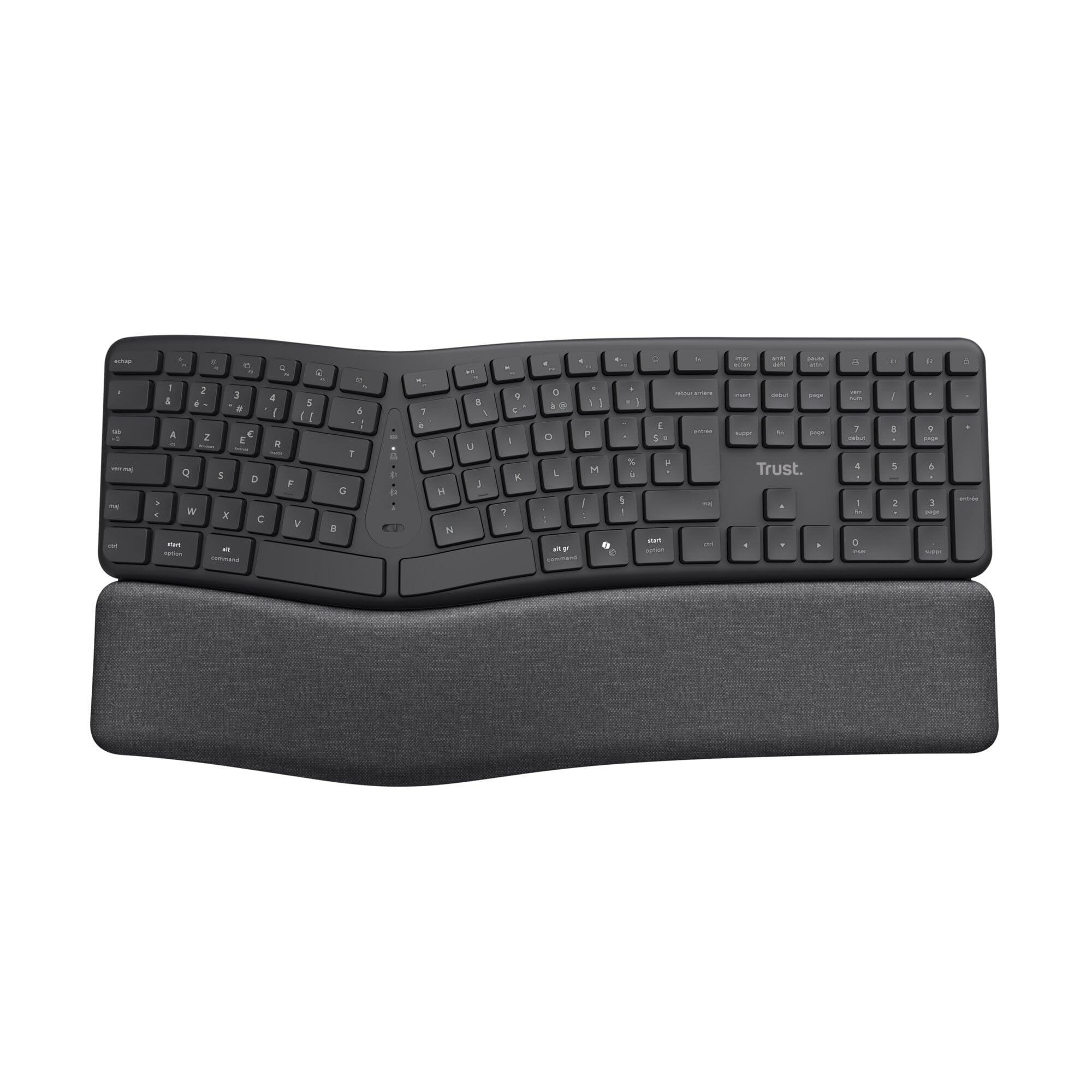 Trust Arvia Clavier Ergonomique sans Fil AZERTY Français Silencieux, Noir | Bluetooth + 2.4GHz, Clavier Bluetooth Multi-appareils Deux Parties avec Repose-Paume, PC Ordinateur Portable Mac
