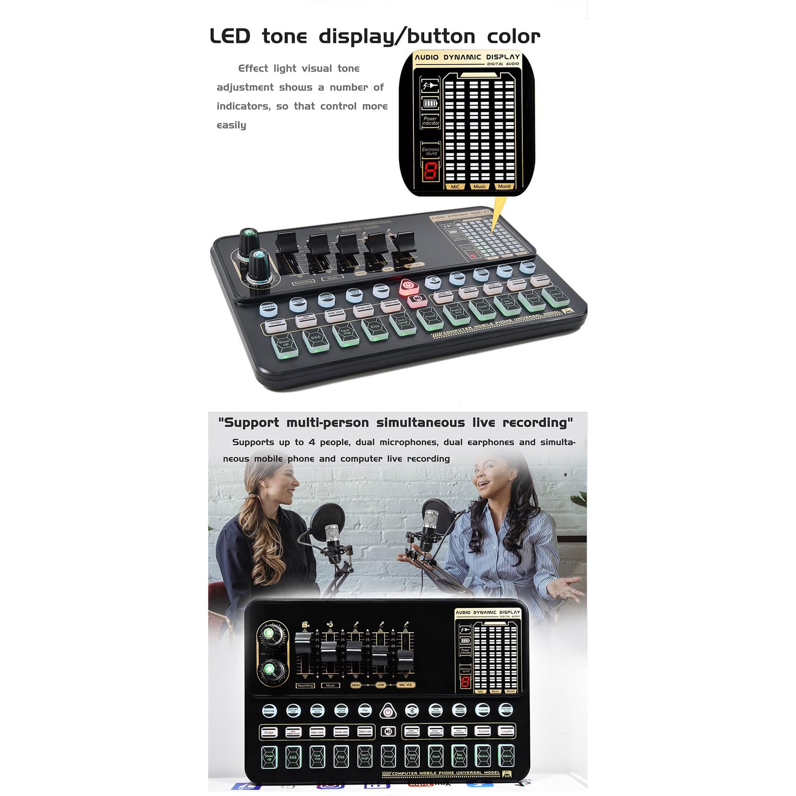 Carte son en direct Enregistrement en studio Carte son Mélangeur de microphone Bluetooth Changeur de voix Streaming en direct Mélangeur de son Podcast Karaoké Accueil