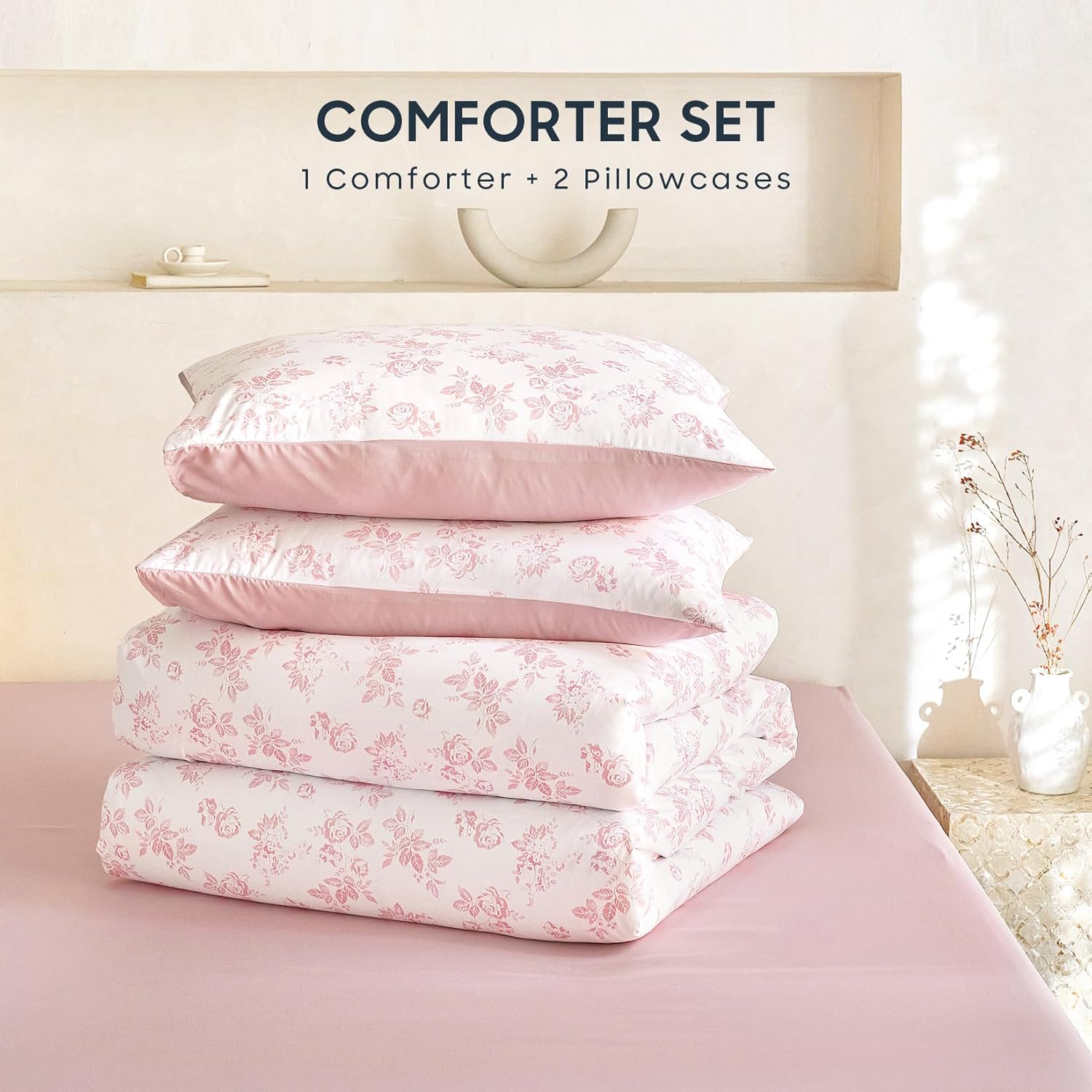 Wake In Cloud - Cottagecore Comforter Set, Floral Vintage Flower Shabby Chic Coquette Aesthetic for Women Teen Girls, Soft Lightweight Dorm Bedding, 3 Pieces, Pink, Twin/Twin XL Size - Image 2
