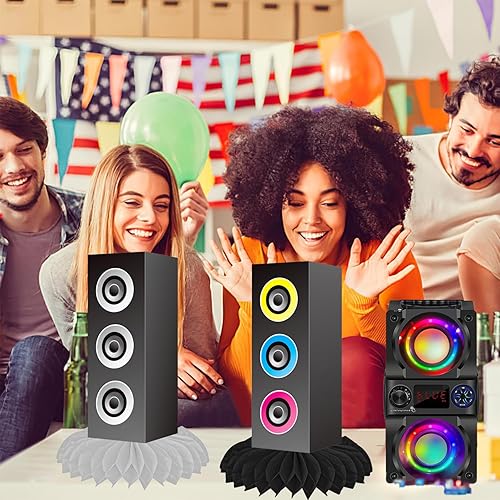 Miniatura 8 de CANDY CHEF Centros de mesa de panal de abeja de hip hop, 9 piezas, decoraciones de fiesta de los años 80 y 90, altavoces de radio, centros de mesa,