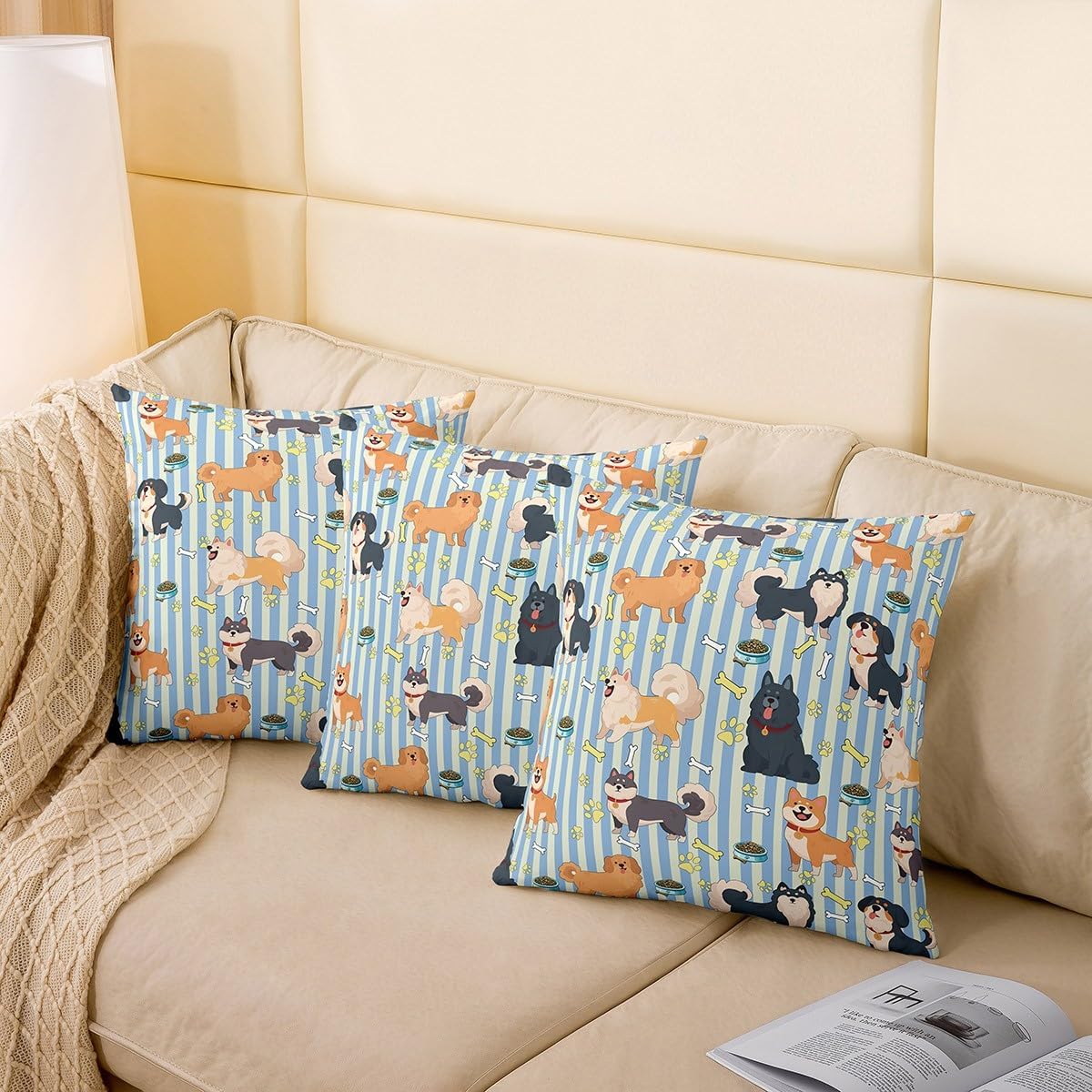 Cartoon Dogs Throw Pillow Covers 20x20 Inch Cute Puppy Paw Bone Print Soft Square Cushion Case Stripes Pillowcase for Room Decor Funny Childlike Style Pillowcase,Set of 2 image 4