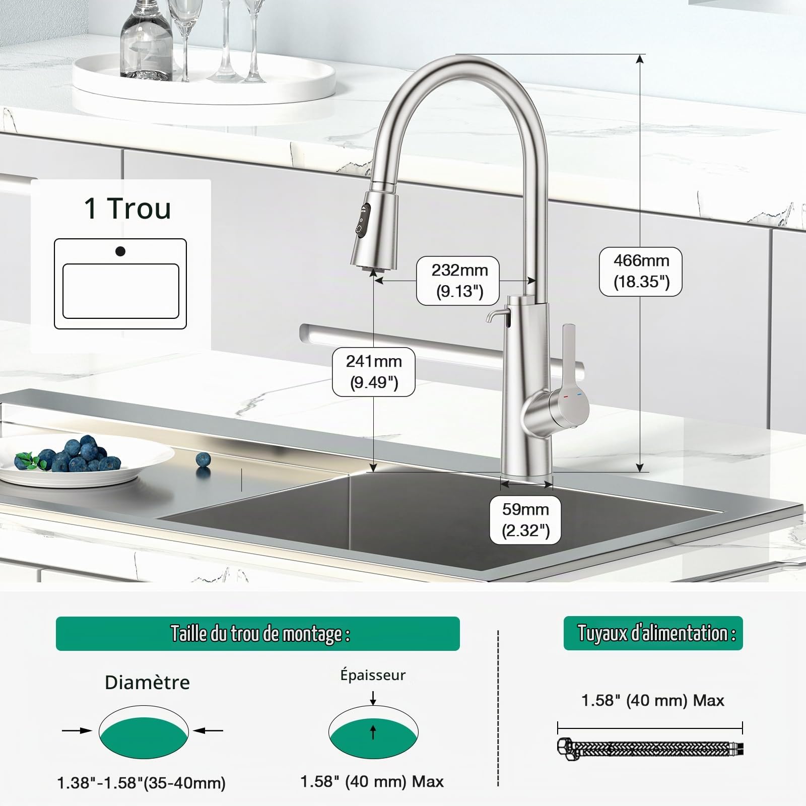 CREA Robinet de Cuisine Distributeur de Savon Encastrable,Mitigeur Cuisine avec Douchette Extensible, Robinet Evier de Cuisine avec 3 Douchette Modes, Pivotant à 360°,Brossé