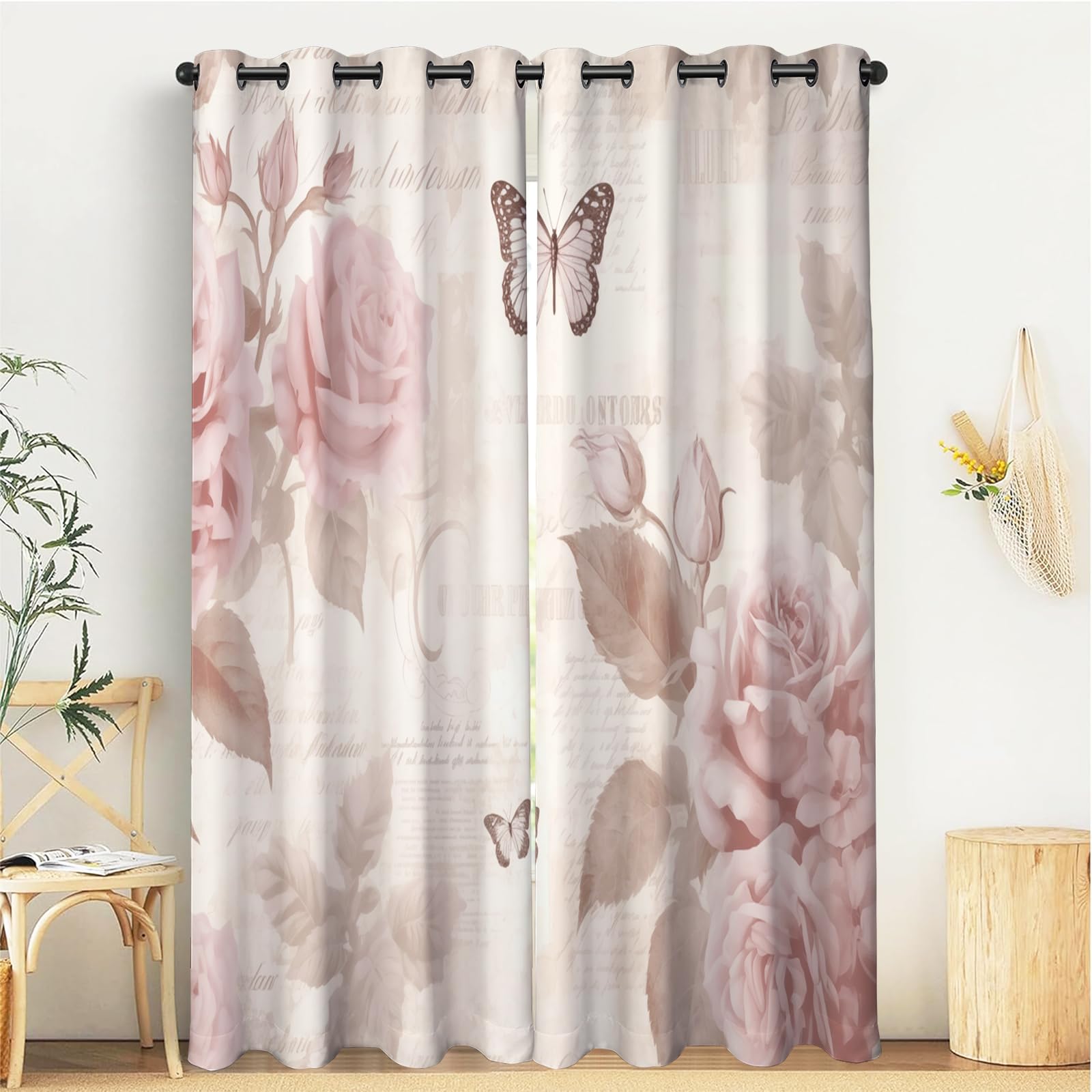 Rideaux beige papillon rose 117x137 cm pour créer un salon romantique