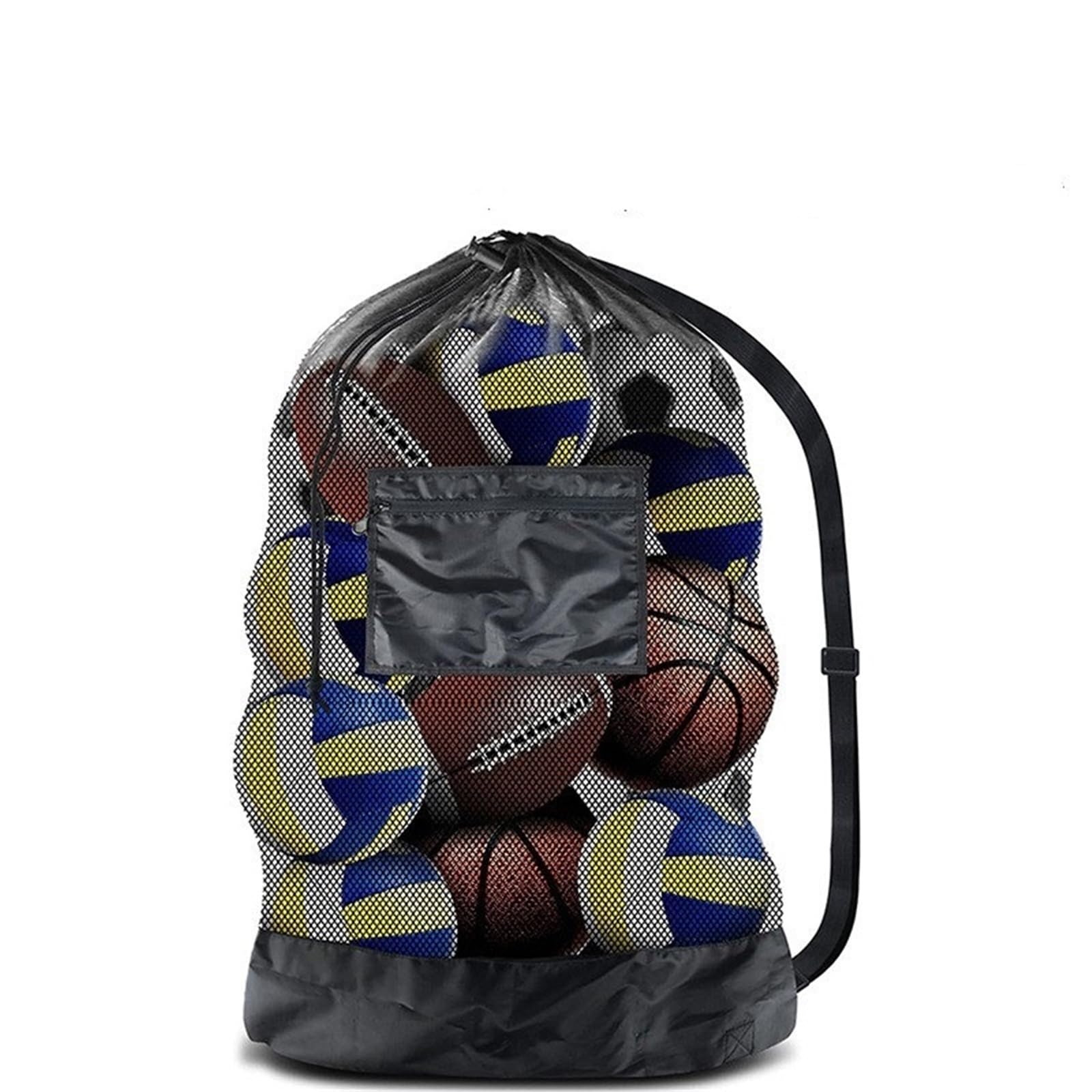 Borsa sportiva nera con coulisse, 2 pezzi, grande borsa a rete for palline, for riporre calcio, basket, pallavolo e allenamento, tracolle per Palla