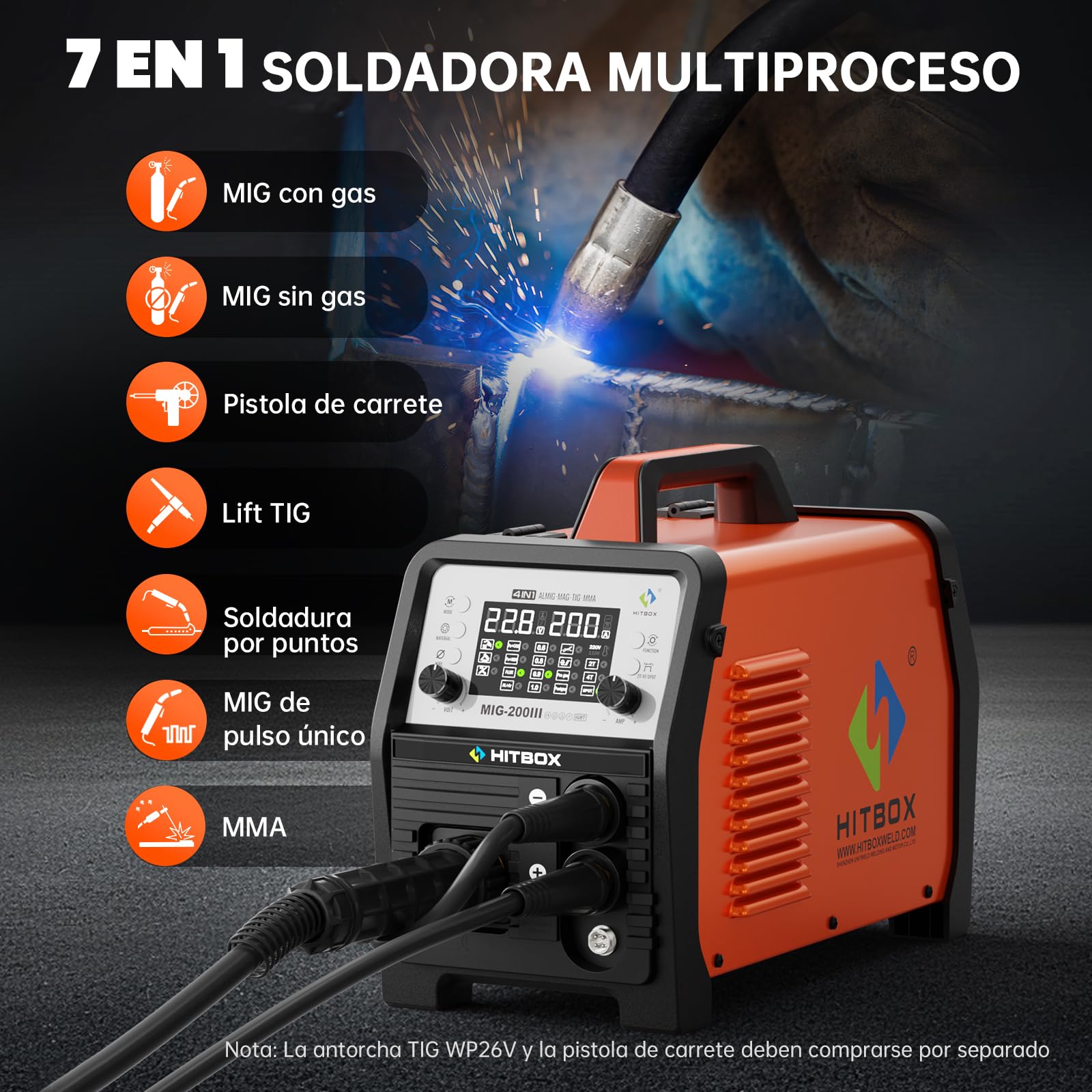 HITBOX Soldadora MIG Aluminio 200A, Soldadora Multifunción 7-en-1 con MIG Con Gas/Sin Gas, Electrodo, Lift TIG, Soldadura por Puntos y Pistola de Carrete (MIG200III)