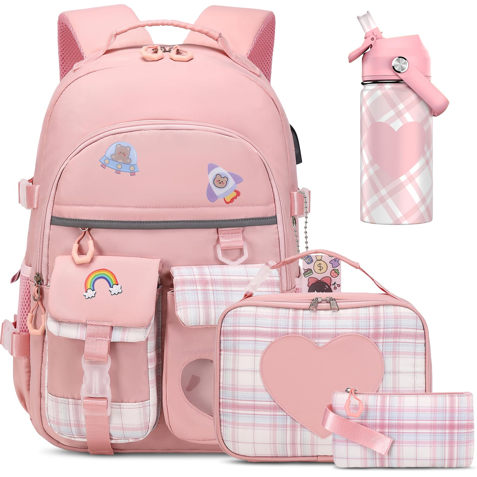 ACESAK Backpack for Girls with Insulated Water Bottle, Bookbag Backpack for Girls Kids, 14oz Kids Water Bottle Stainless Steel, Lunch Bag & Pencial