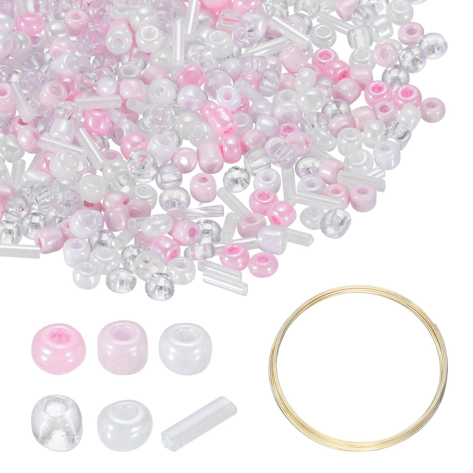 sourcing map 1Set Glass Seed Beads, 1.5-4.5mm Small Embroidery Bugle Beads Assorted Tube Bead Loose Kit for Jewelry Making DIY Craft Beading Bracelets Necklace Earring (Light Pink)