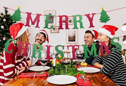 Miniatura 3 de Ruhiskii - Cartel de Feliz Navidad, color rojo y verde con purpurina de Feliz Navidad, decoraciones de fiesta de Navidad para el hogar, oficina,