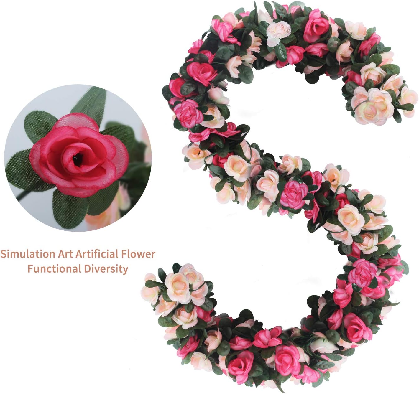 6pcs 49 FT Rose Vine Flowers Garland Plants- BSTC Artificial Fake Rose Vine Flowers Ivy Garlands Hanging Rose Ivy for Wedding Party Garden Wall Decoration Silk Flowers, Pink