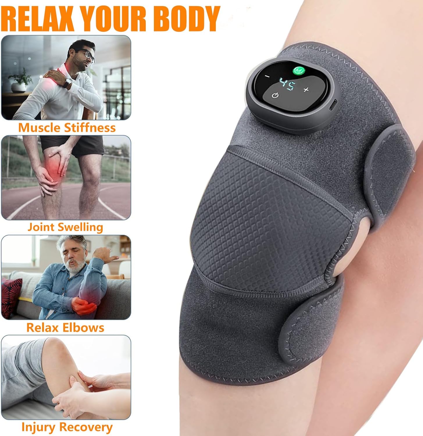 The Rejuvaknee device applied to a knee, with smaller images showing its benefits for muscle stiffness, joint swelling, elbow relief, and injury recovery.