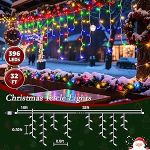 Soagrc 32FT Icicle Lights Outdoor, 396 LED Bright Multicolor Christmas Lights with 8 Modes, Timer, Waterproof, Easy to Install Holiday Decor for Home, Patio, Roof