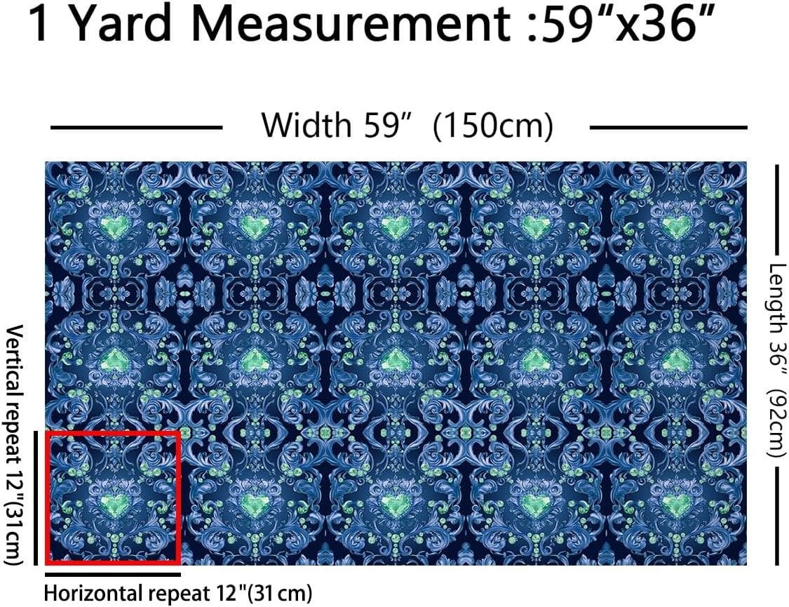 Blue Damask Upholstery Fabric Victorian Decor Gothic Outdoor Fabric by The Yard 109"x63", Green Crystal Love Heart Exotic Vintage Floral Bohemian DIY Craft Hobby Polyester Fabric