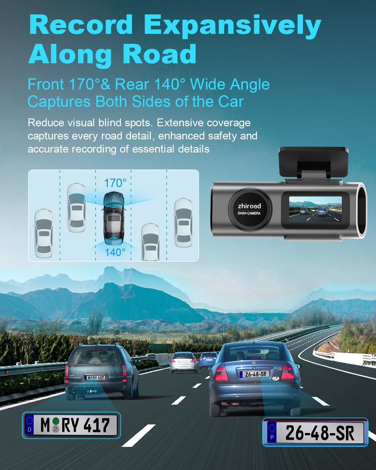 Dash Cam Auto, 4K Dashcam con WiFi & App, Dashcam Auto con 64G Scheda, Telecamera Auto 170°+140°, WDR, Schermo 1,47", Custodia rimovibile, Registrazione in Loop, Visione Notturna, Sensore di Gravità
