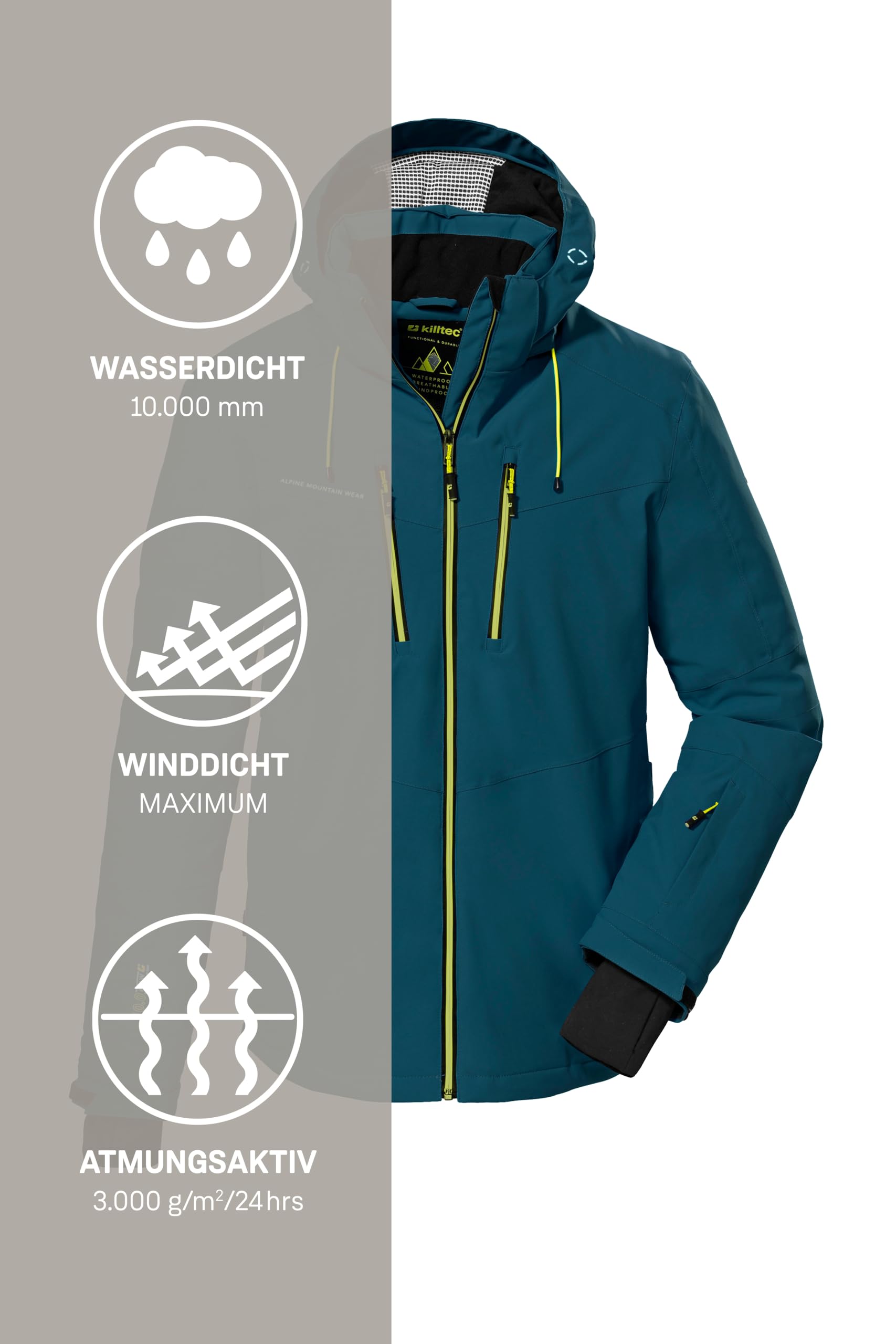 Killtec Herren Skijacke Ksw 44 Mn Ski Jckt 10.000 mm Wassersäule atmungsaktiv wasserdicht Blau Größe 56