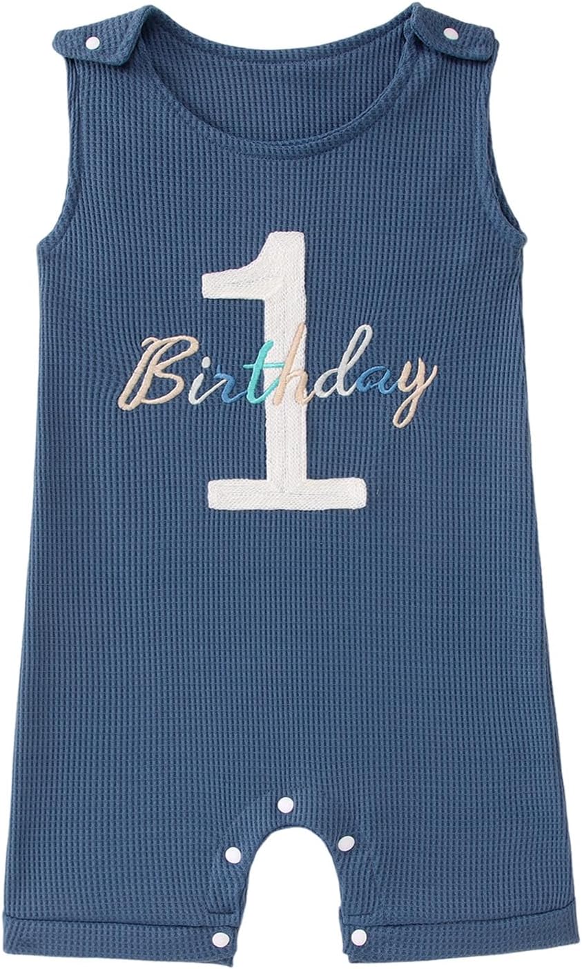 Ritatte Baby Boy 1st Birthday Outfit One Birthday Embroidery Romper Sleeveless Jumpsuit Cute Summer One Year Old Overalls