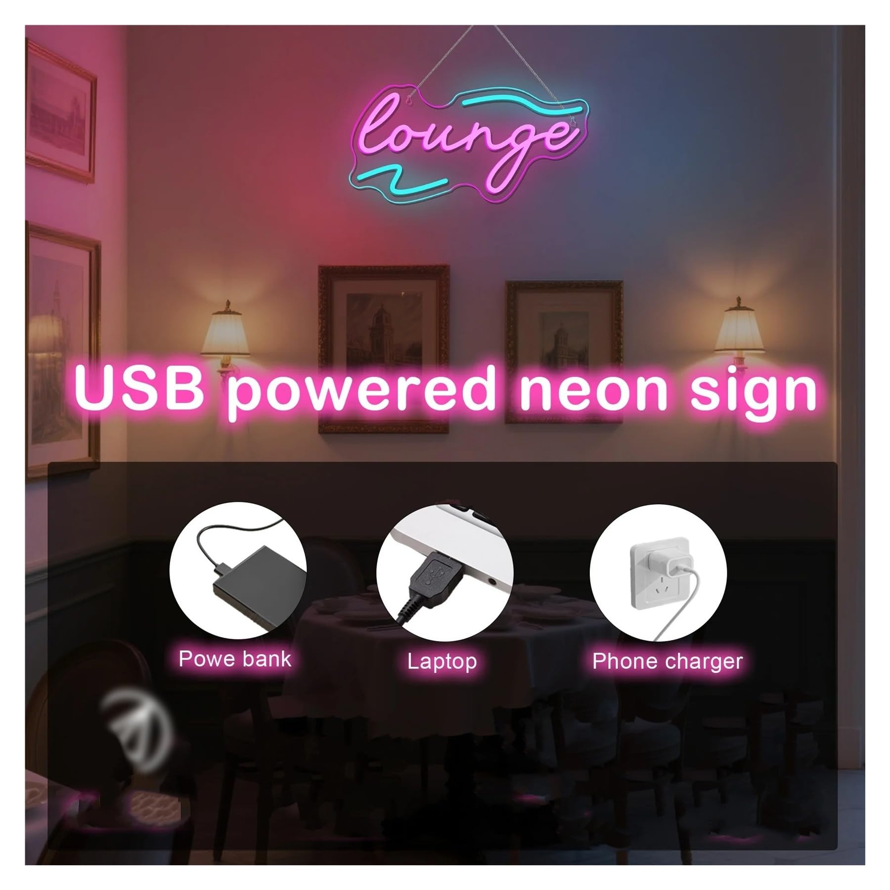 Hängende Kunst-Leuchtreklamen Neonschild Lounge USB-dimmbar, Für Zimmer, Bar, Hotel, Café, Nachtclub, VIP, Männerhöhle, Zuhause, Schlafzimmer, Dekoration 14.6×7.1in