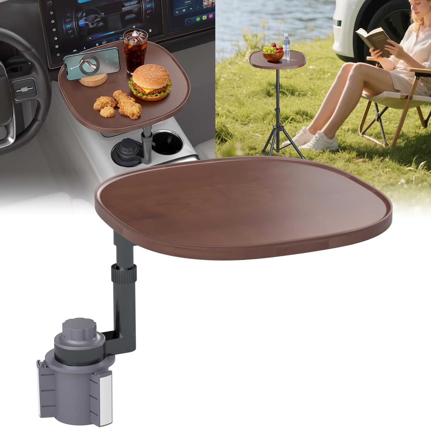 Car Tray Table & Car Laptop Desk - Height Adjustable 360° Swivel Tripod, Solid Wood Car Laptop Mount & Cup Holder Table-Steering Wheel Tray for Dining, Home, Outdoor Picnic, Hiking & Traveling (Oval)