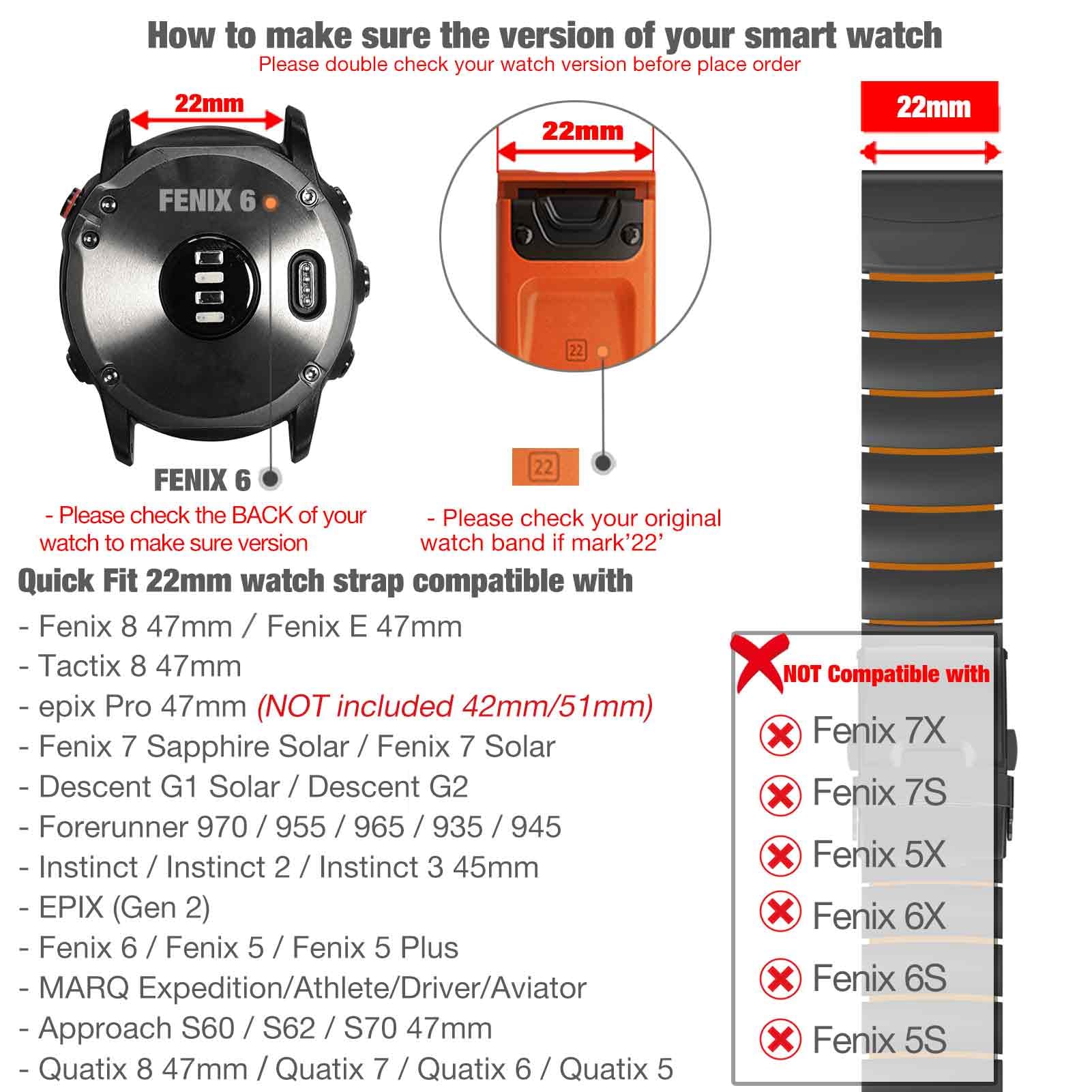 YOOSIDE Bracelet de montre léger en silicone titane 22 mm pour Garmin Fenix 8/epix Pro 47 mm, bracelet double couche avec fermoir à rabat pour Approach S70 47 mm/Fenix 7/6/5
