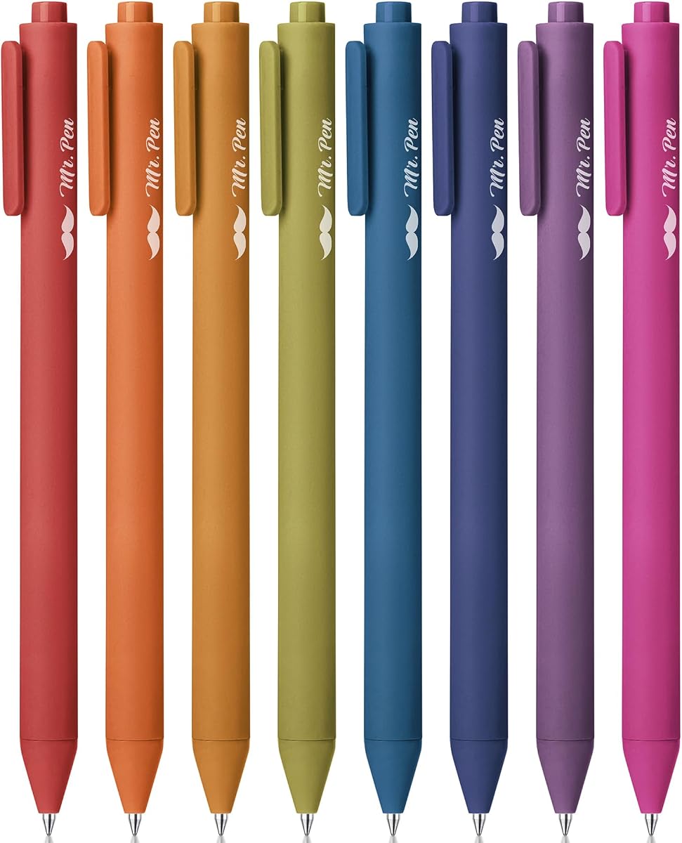 Mr. Pen- Bolígrafos de gel retráctiles, paquete de 8, tinta de color vintage única | Punta fina de 0,7 mm, secado rápido, escritura suave, lindos bolígrafos para dibujar, planificador de escritura y útiles escolares