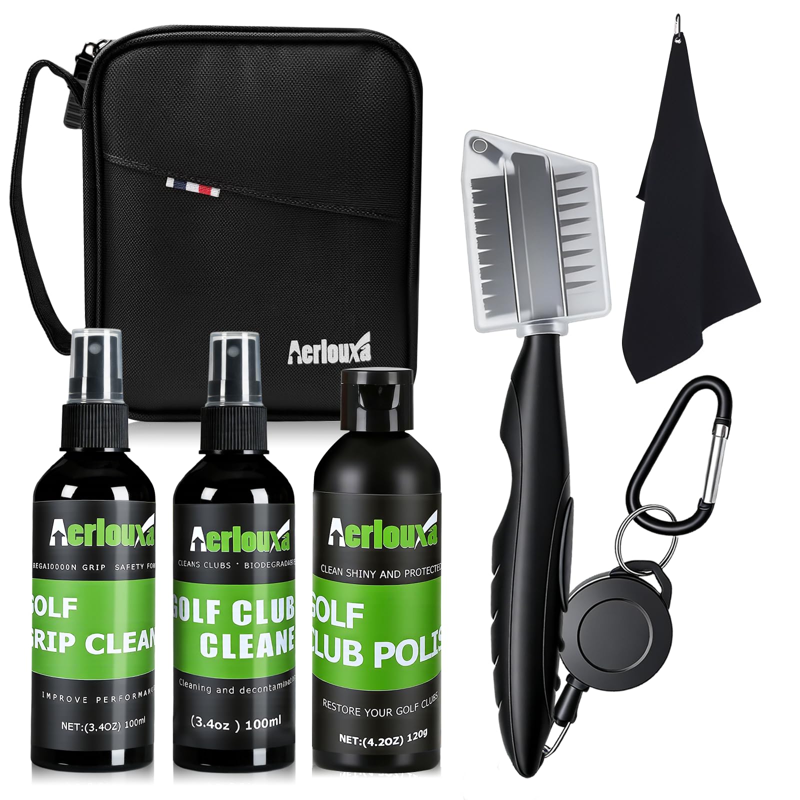 6-in-1 Golfschläger-Reinigungsset – Schlägerreiniger, Griffreiniger, Politur, Wassersprühbürste, professionelles Golf-Handtuch und tragbare Tasche, stellt Schläger wieder her, entfernt Rost