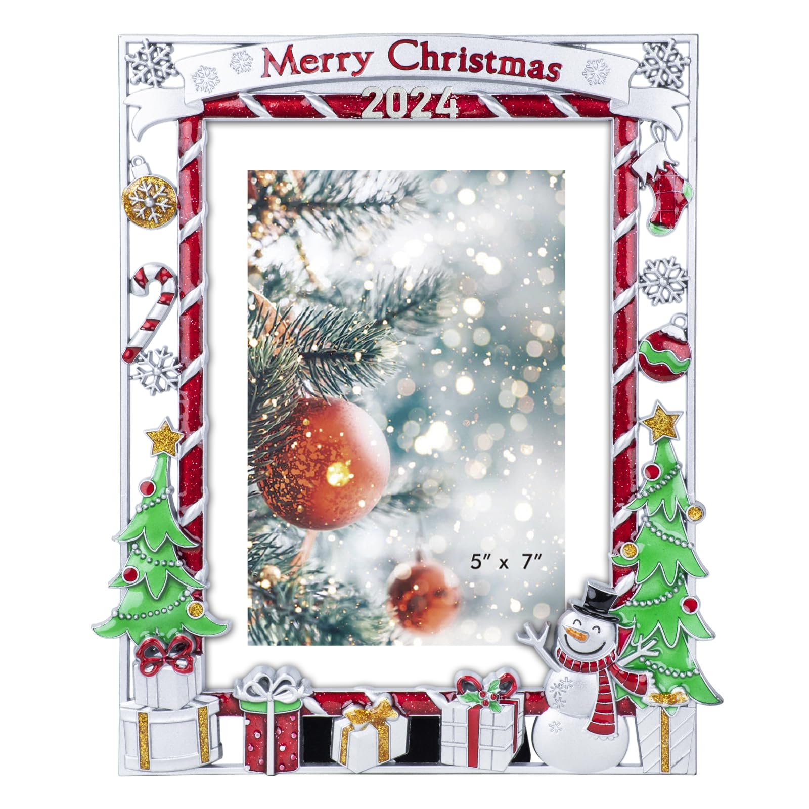 Picture Photo Frame 5x7 Inch Snowflake Christmas Metal Photo Display Photo Picture Frames with High Definition Glass Front Gift Ideas Tabletop Home Decorative (2024 Merry Christmas)