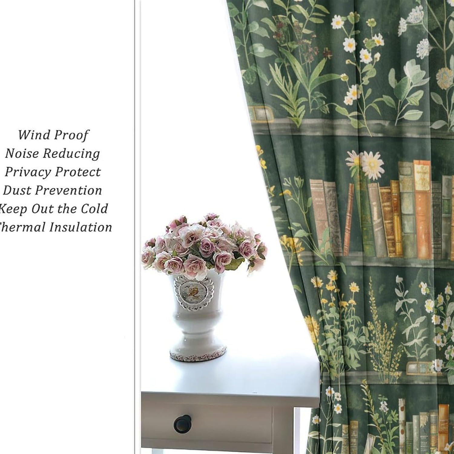 Classic Bookshelf Blackout Curtains for Bedroom, Retro Rustic Glam Library Floral Grommet Curtains Thermal Insulated Window Drapes for Living Room, 21W x 45L, 2 Panels