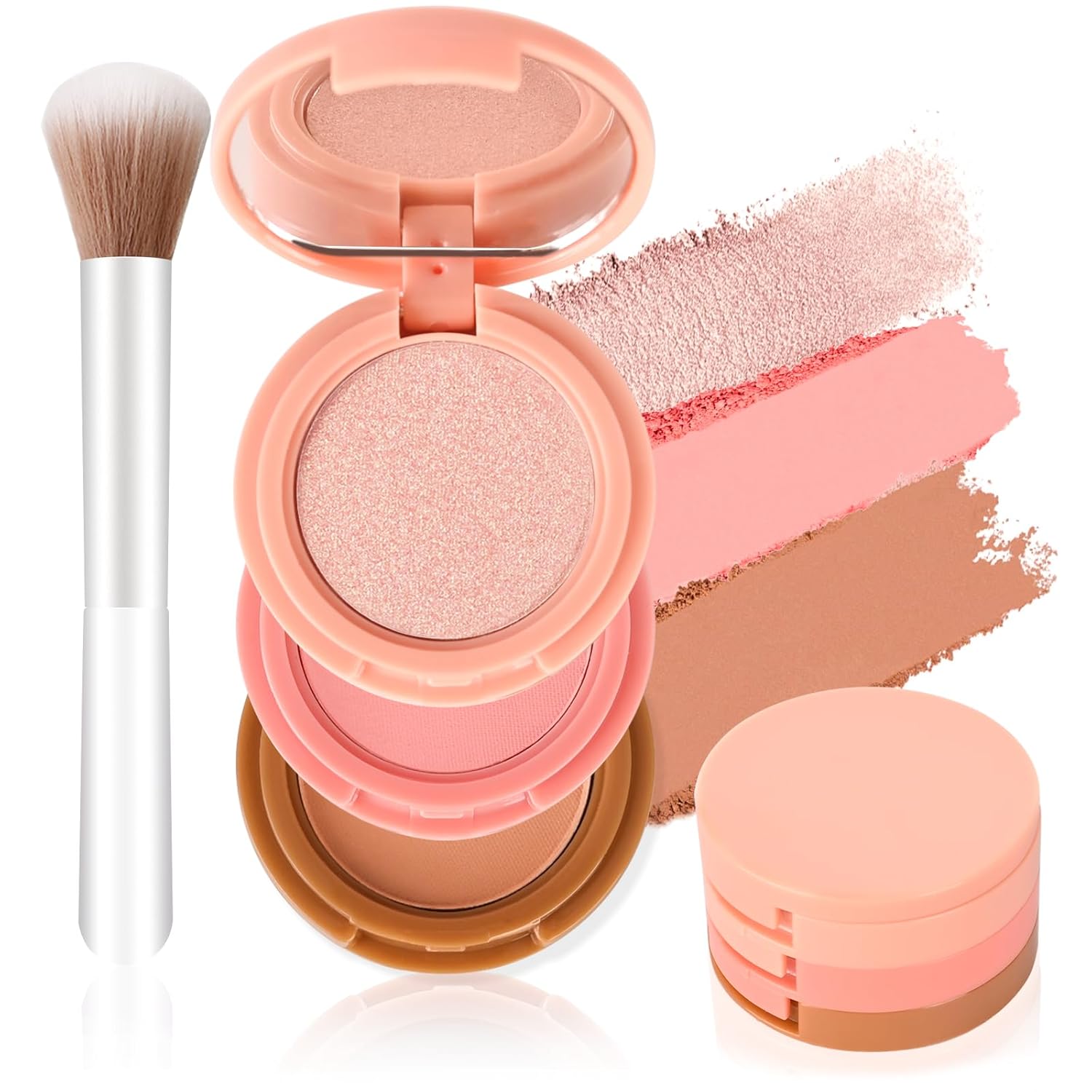 KYDA 3 Colors Contour Blush Highlighter Makeup Palette, All In One Make Up Kit-Blush,Highlighter and Contou Powder Palette with Brush, Travel Size Stacked Make Up, Face Blusher for Women-02
