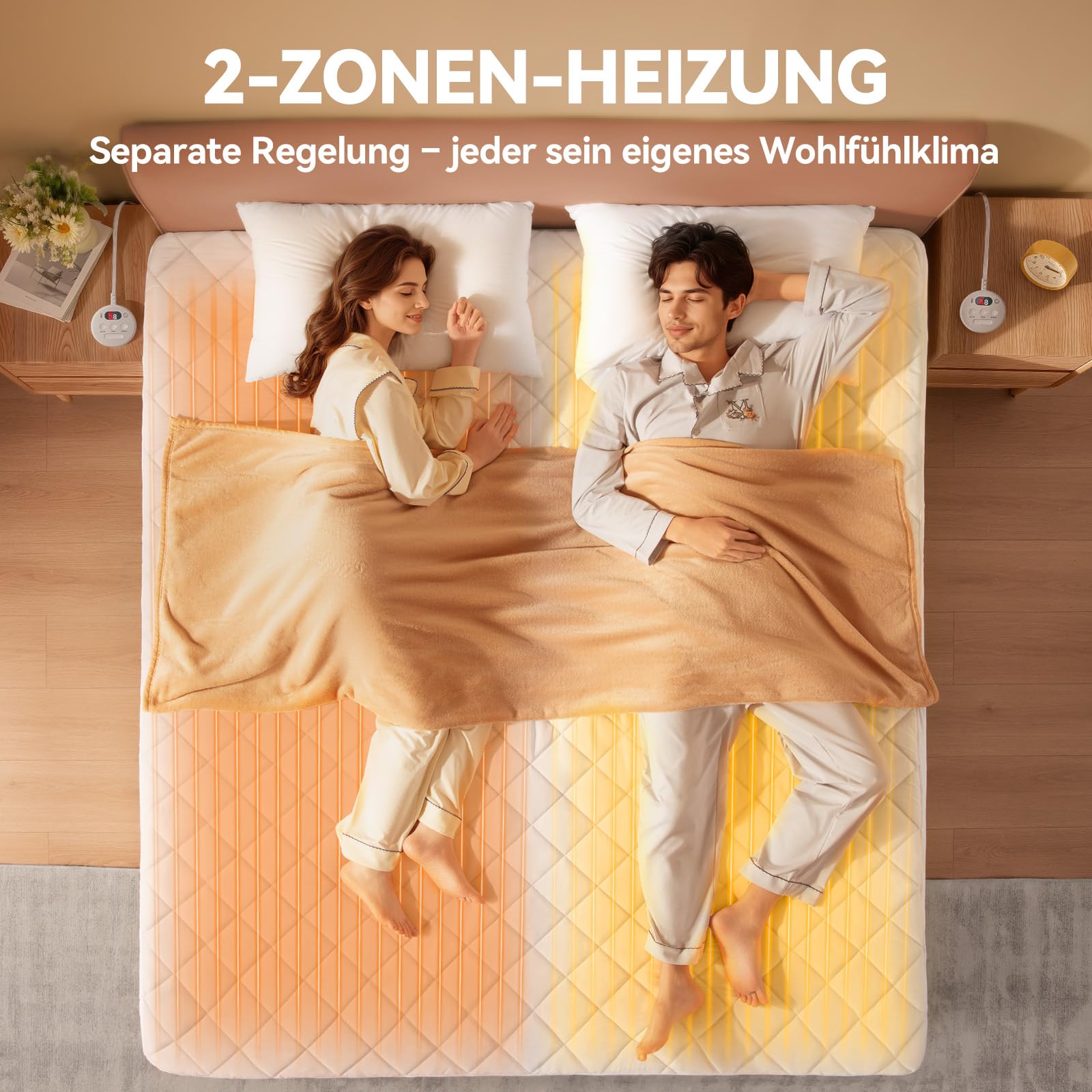 Wärmeunterbett 180x200 cm mit Doppelte temperaturregelung, 6 Heizstufen, 1-10h Timer, Schnellwärme & Überhitzungsschutz, Weichem Steppstoff Heizmatte Bett, Maschinenwäsche