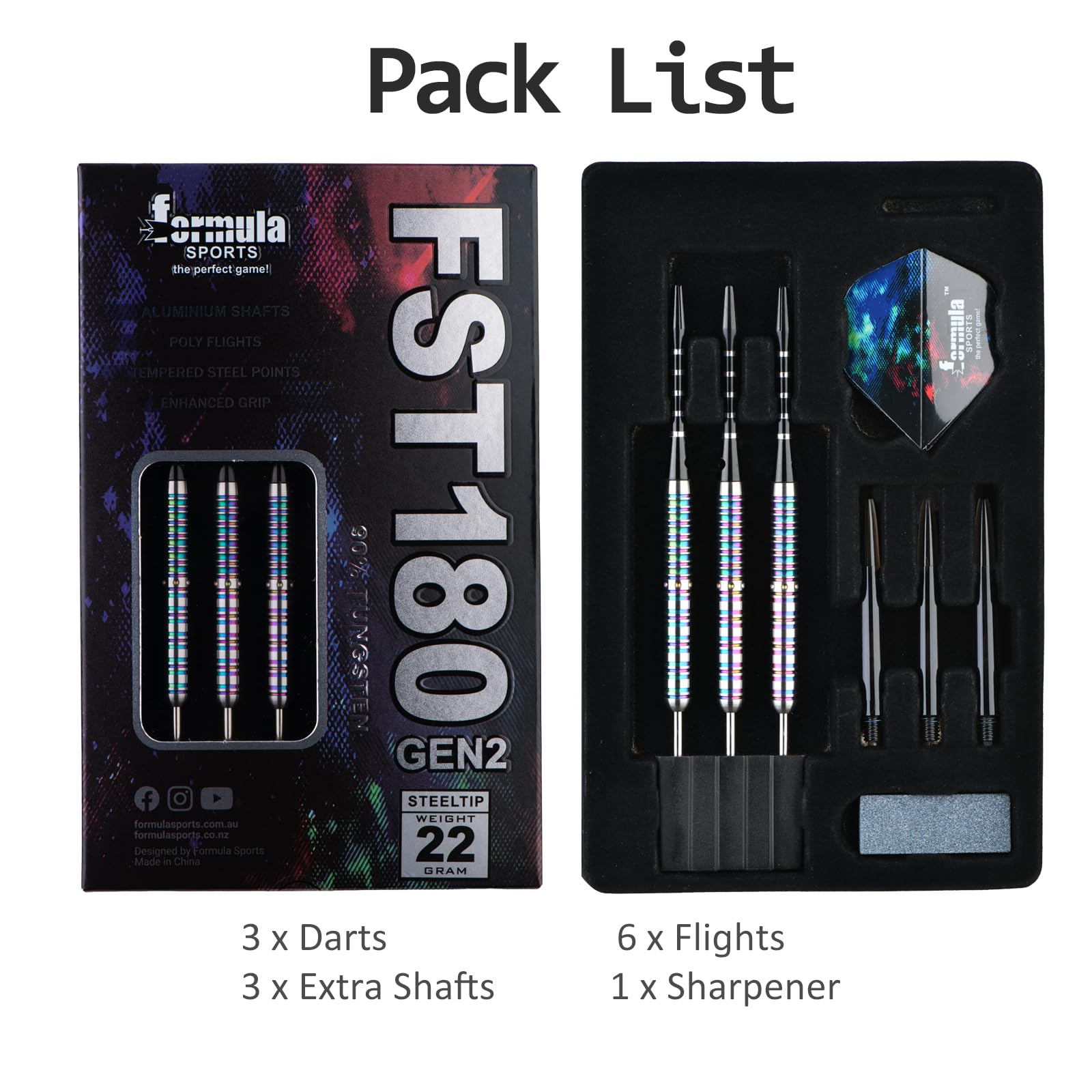 Formula Sports Zestaw rzutek ze stali wolframowej 90% – profesjonalny zestaw metalowych końcówek do rzutek dostępny w rozmiarach 21 g/22 g/23 g/24 g, z aluminiowymi trzonkami, beczkami wolframowymi