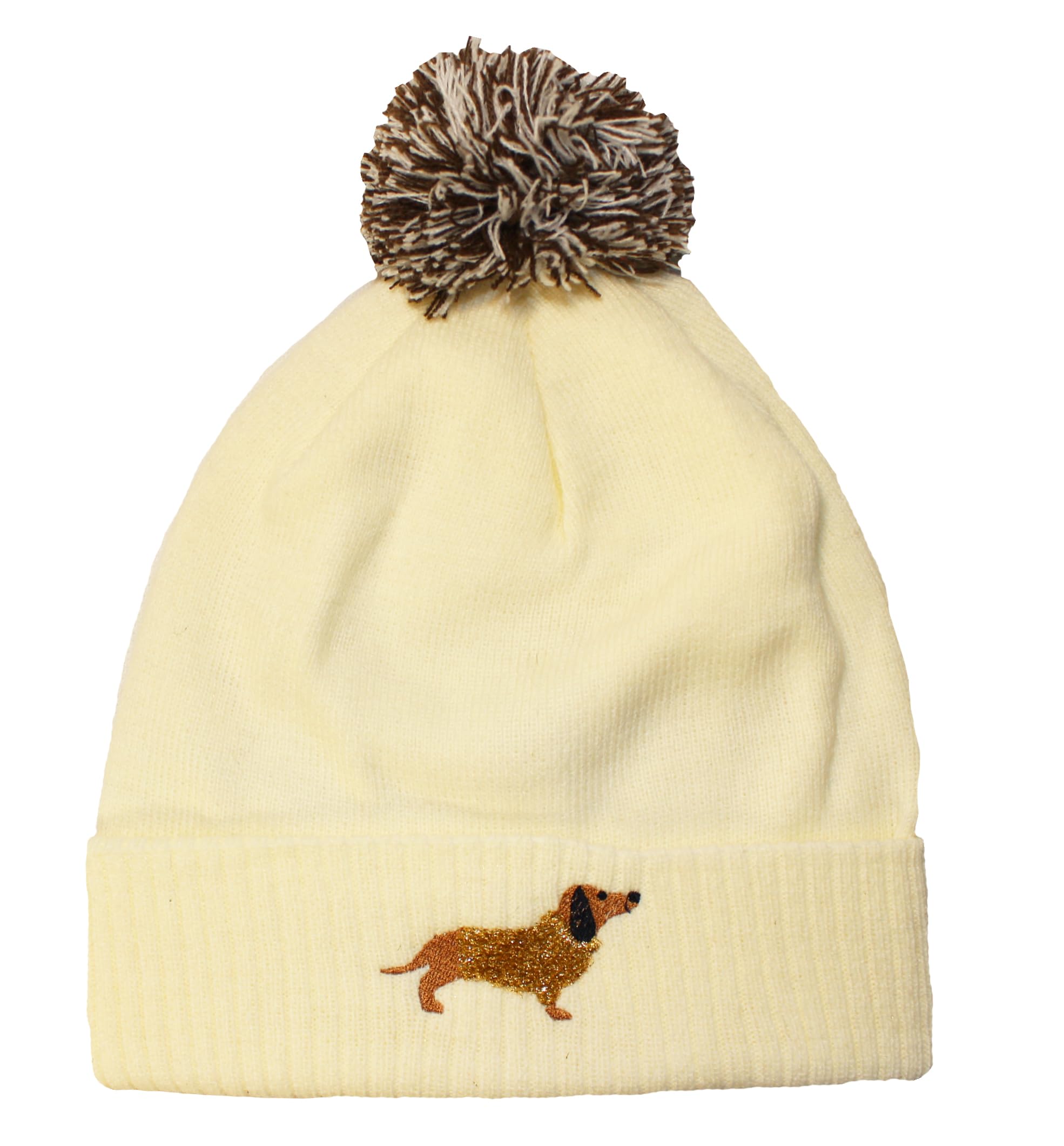 TeddyT's Personalised Girls Sparkly Dachshund Dog Embroidered Cream Bobble Hat (6-12 Years)