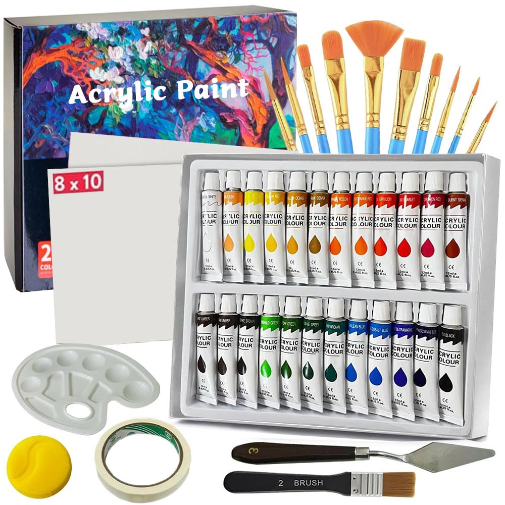 Acrylic Paint Set Painting Supplies 42Pcs: Professional Art Craft Paint Supply Kit of 24 Colors, with Paint Brushes, Canvases, Palette, Paint Knife and Art Sponge, for Adults Kids Artist Beginners
