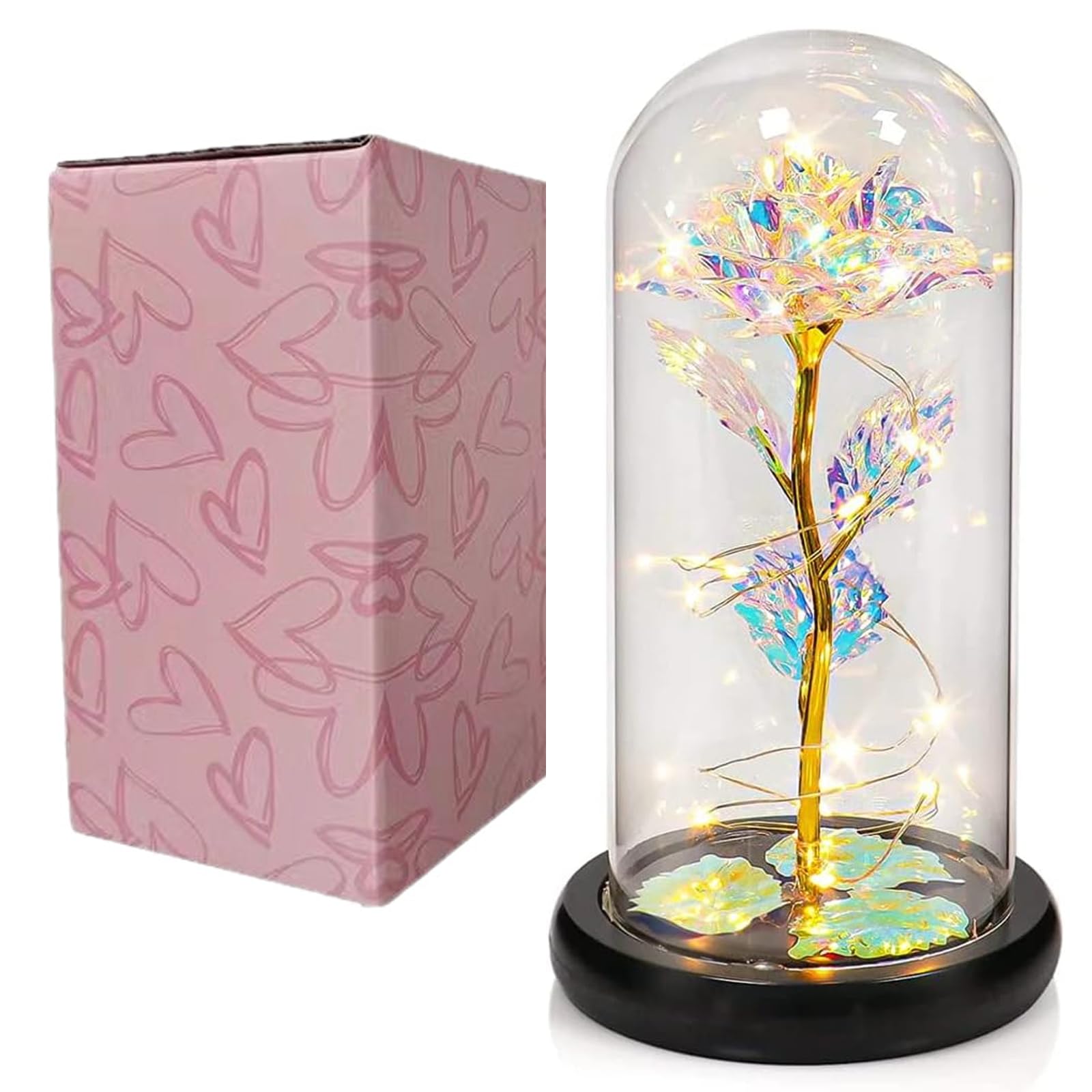 Light Up Rose in Acrylic Dome, Gold-Tone, 18 CM - Gold
