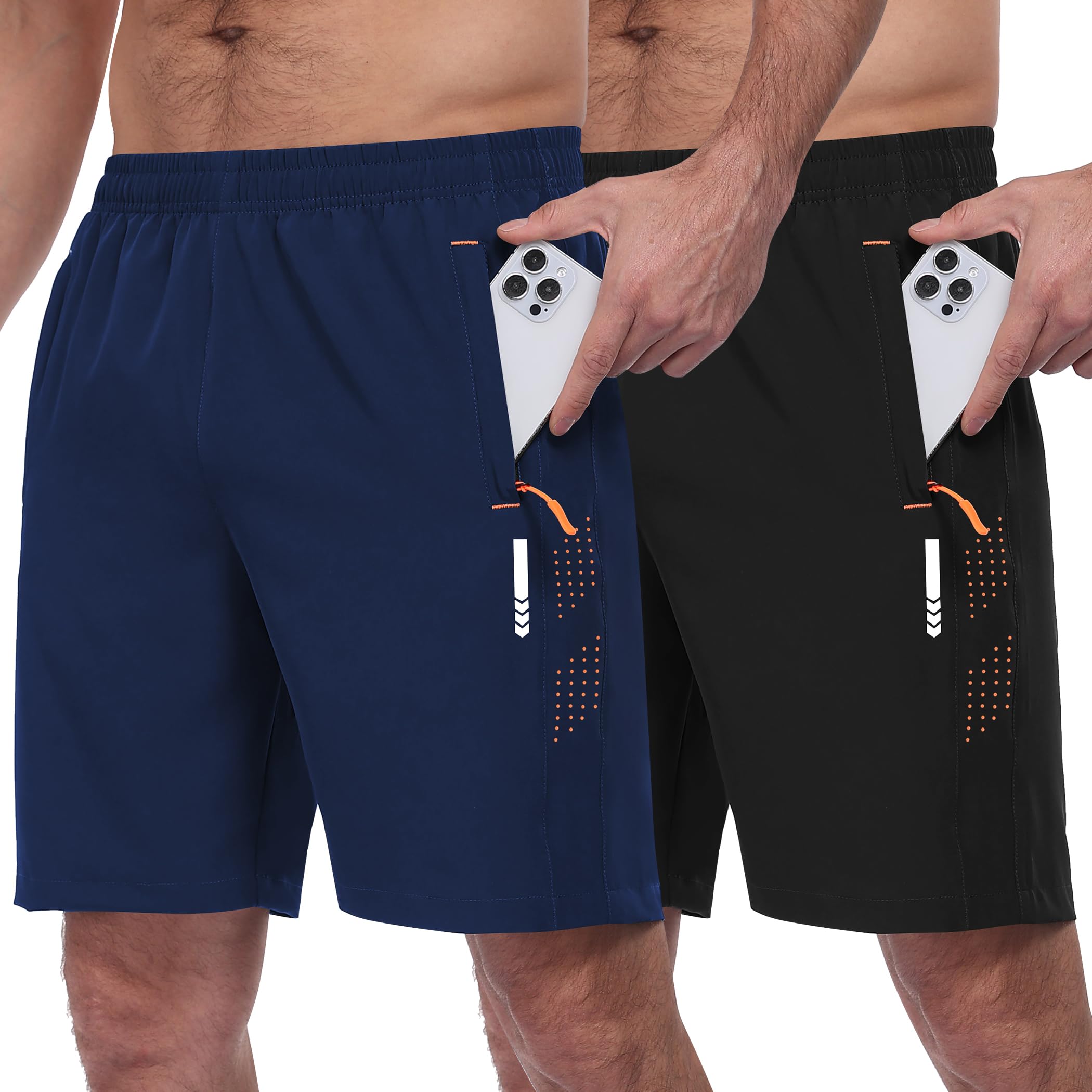 Pantaloni sportivi da uomo, corti, leggeri, sportivi, estivi, con tasche con cerniera, confezione da 2 pezzi