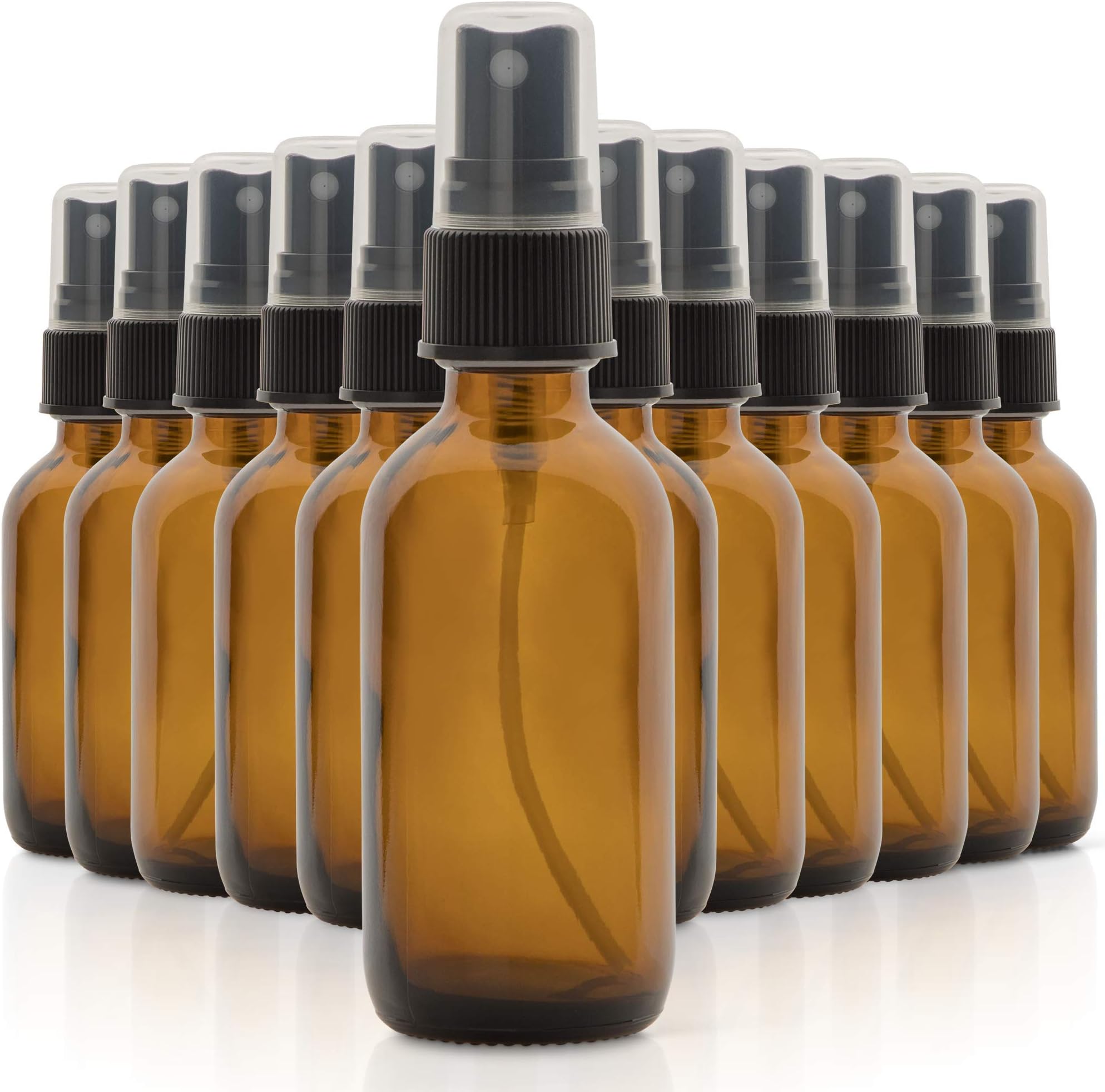 1790 2oz Glass Spray Bottles for Essential Oils, Small Empty Spray Bottle, Fine Mist Spray - Set of 12 Amber Bottles with Black Mister Tops