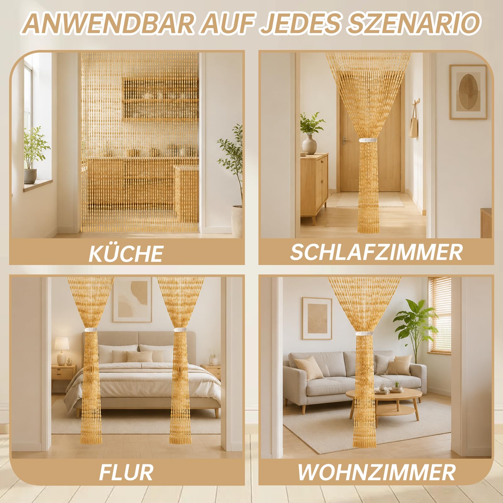 90x200cm Perlenvorhang, Handgefertigte Natur Türvorhang Perlen, 52 Stränge Beige Retro Perlenvorhang Türvorhang für Schlafzimmer Balkontür