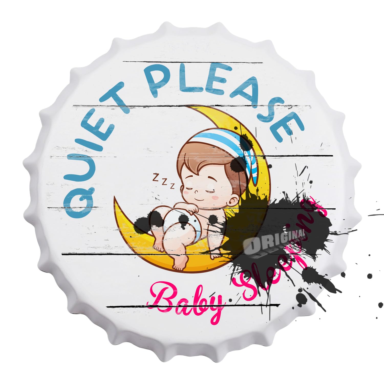 Cute Quiet Please Baby Sleeping Sign, Bottle Cap Door Signs - 14 Inch Hanging, Wall Art, Decorative Metal Sign Home Decor
